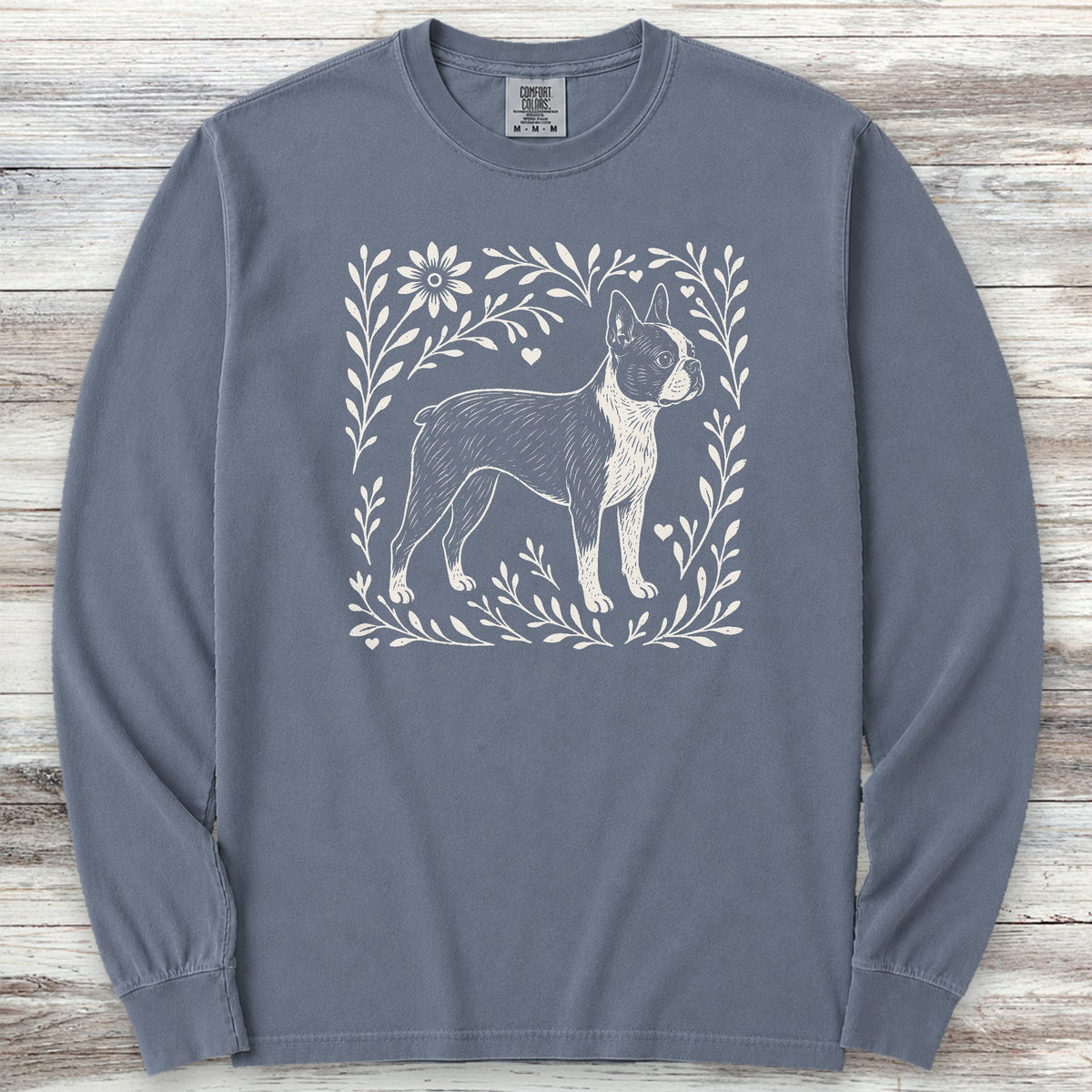 Boston Terrier Linocut Long Sleeve Tee - Blue Jean
