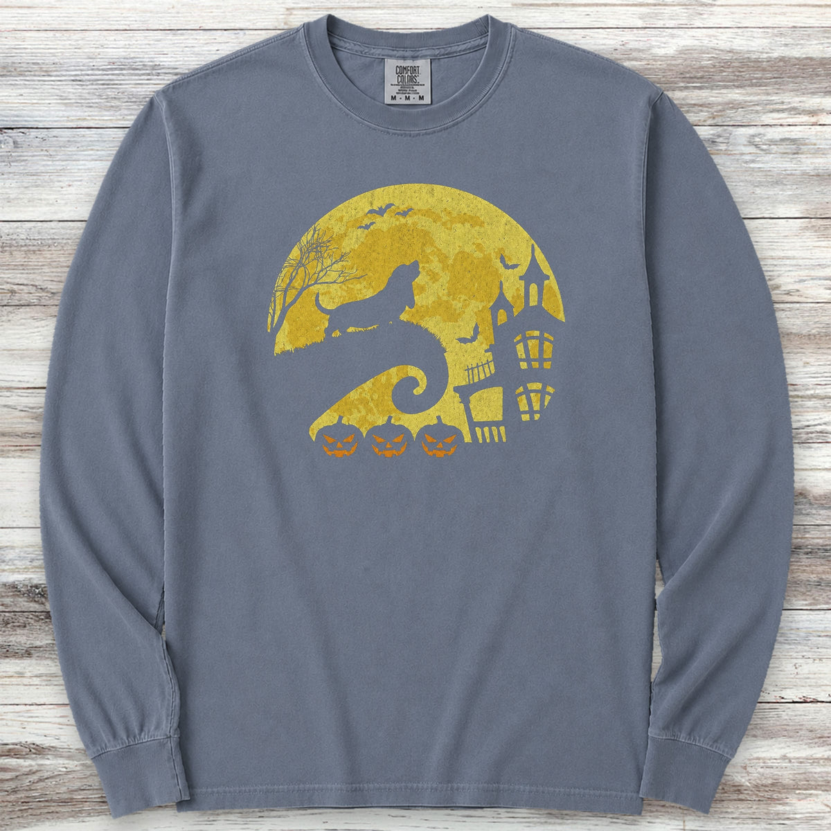 Basset Hound Halloween Moon Long Sleeve Tee - Blue Jean