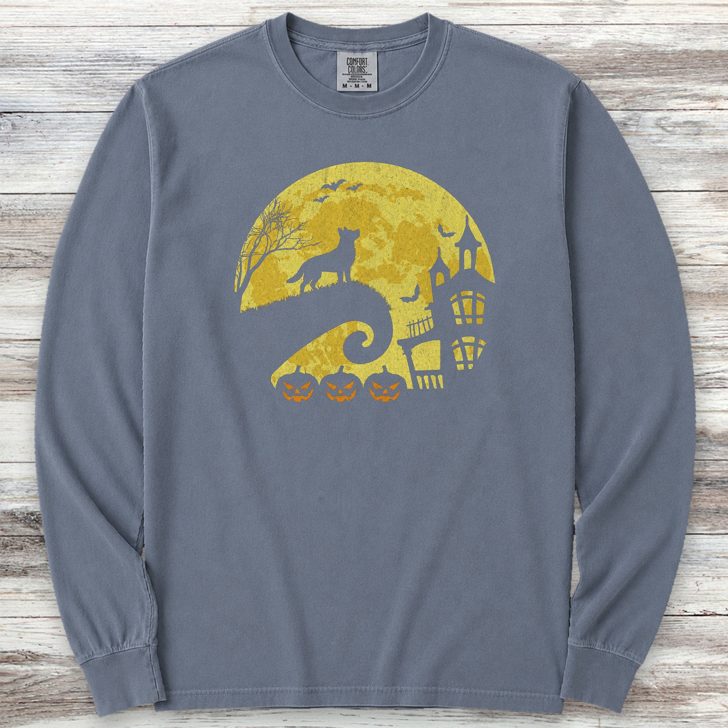Australian Shepherd Halloween Moon Long Sleeve Tee - Blue Jean