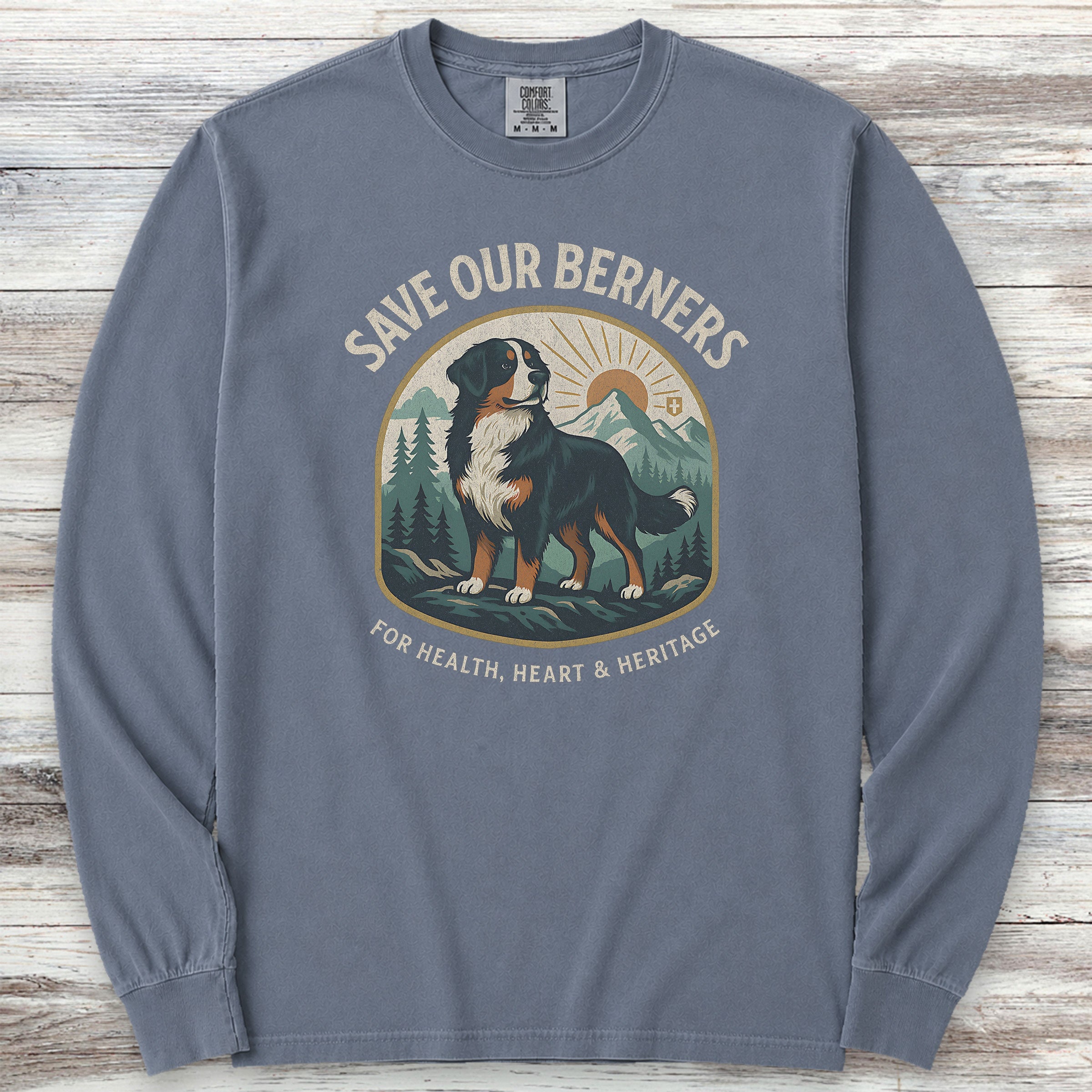 Bernese Mountain Dog Save Berners Long Sleeve Tee - Blue Jean