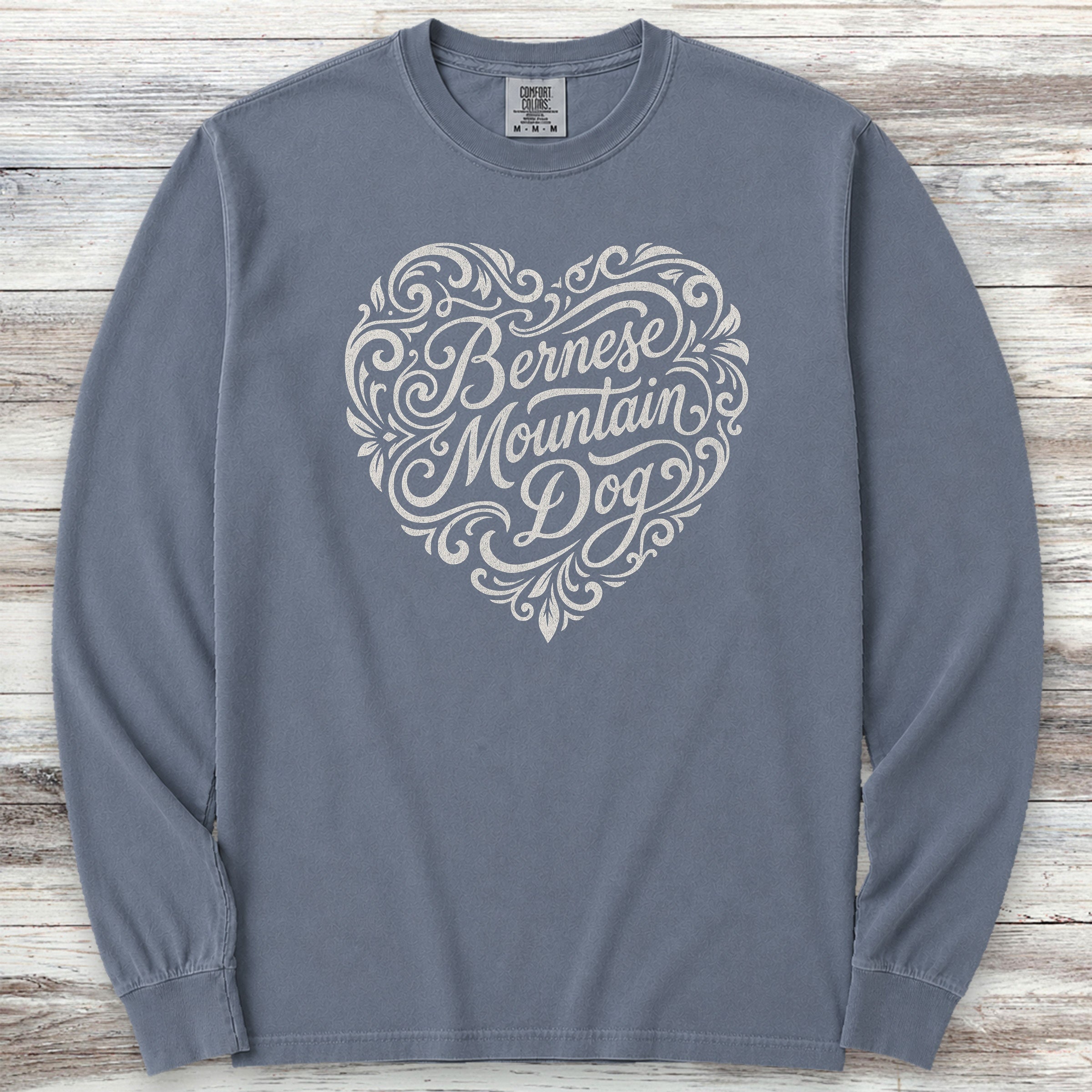 Bernese Mountain Dog Heart Script Long Sleeve Tee - Blue Jean
