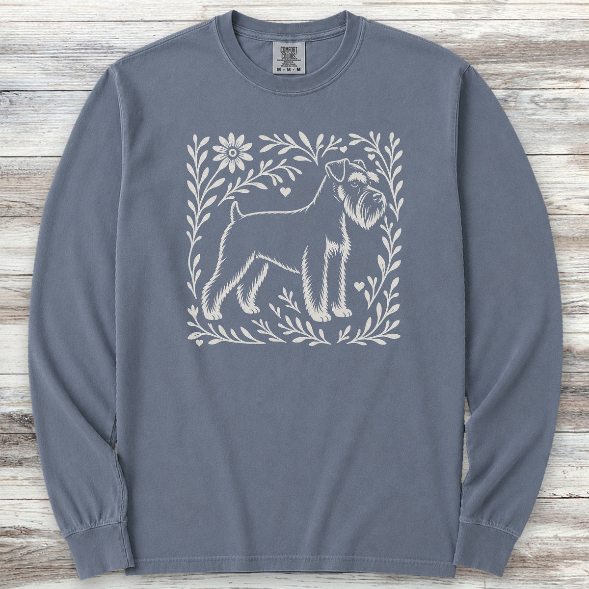 Schnauzer Dark Linocut Long Sleeve Tee - Blue Jean