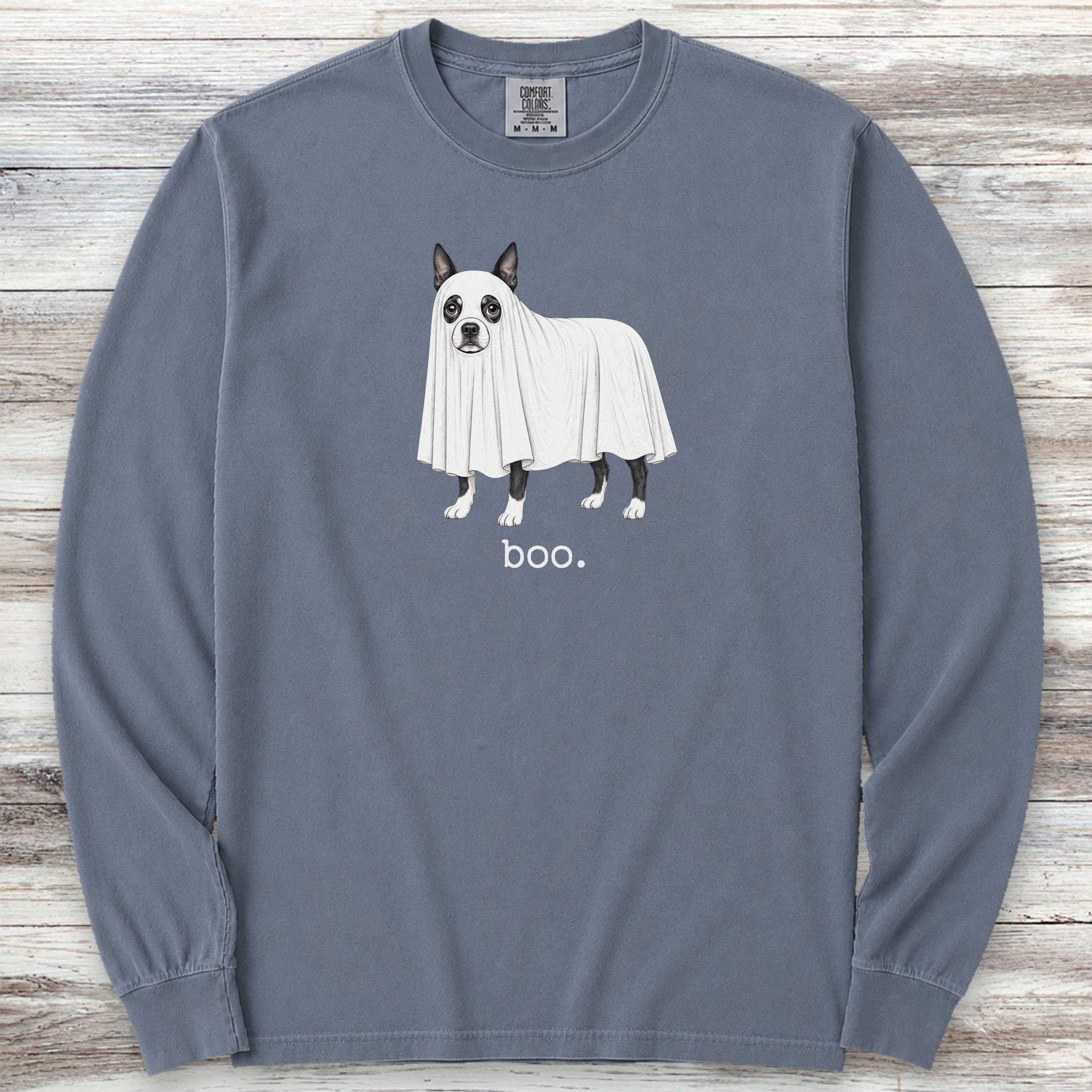 Boston Terrier Boo Long Sleeve Tee - Blue Jean