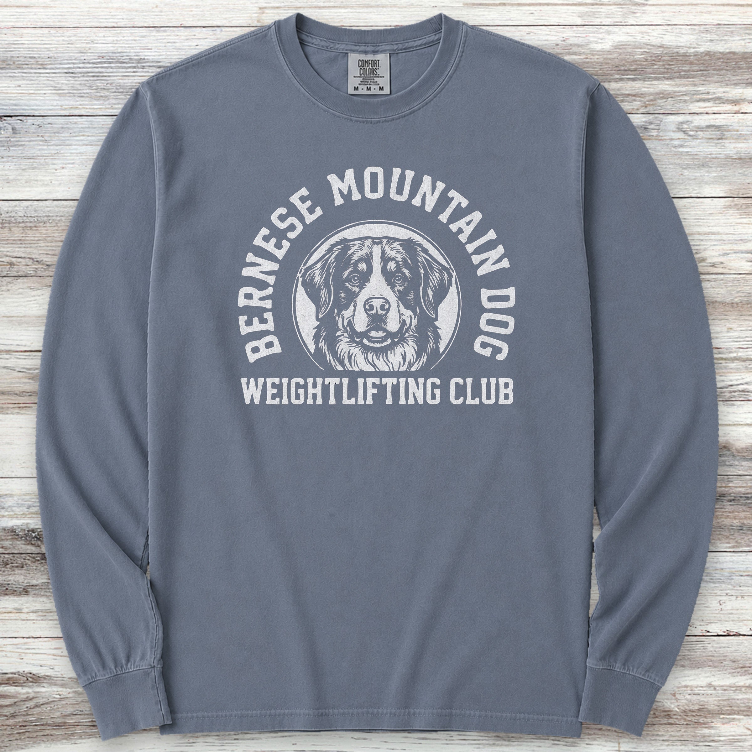 Bernese Mountain Dog Weightlifting Long Sleeve Tee - Blue Jean