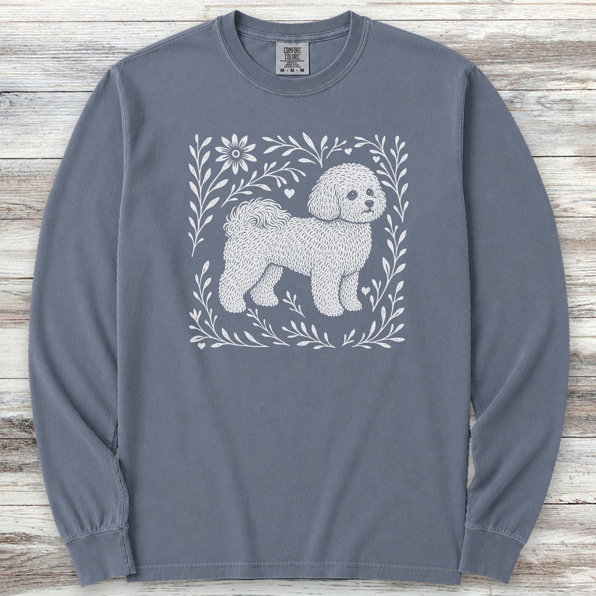 Bichon Frise Linocut Long Sleeve Tee - Blue Jean