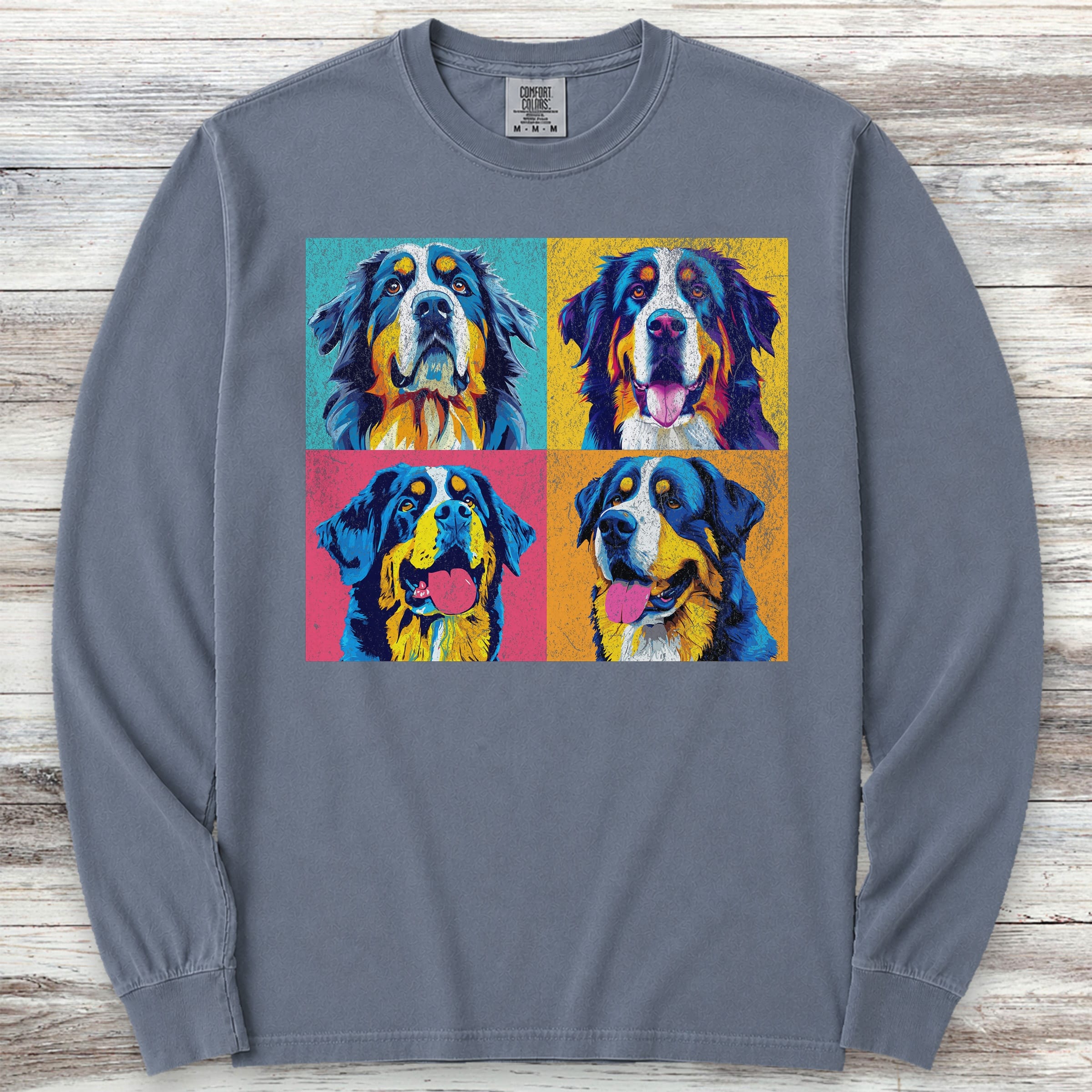 Bernese Mountain Dog Pop Art Long Sleeve Tee - Blue Jean
