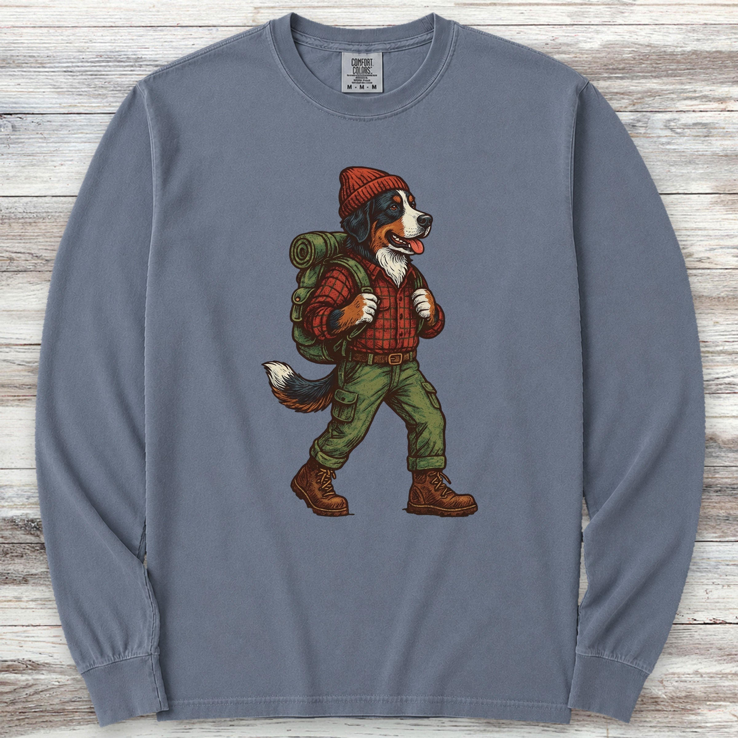 Bernese Mountain Dog Hiking Long Sleeve Tee - Blue Jean