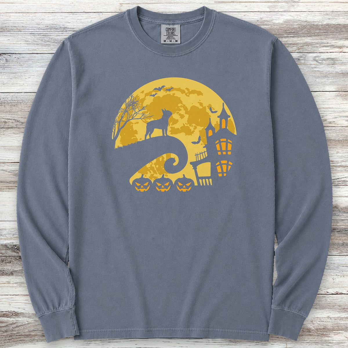 Boston Terrier Halloween Moon Long Sleeve Tee - Blue Jean