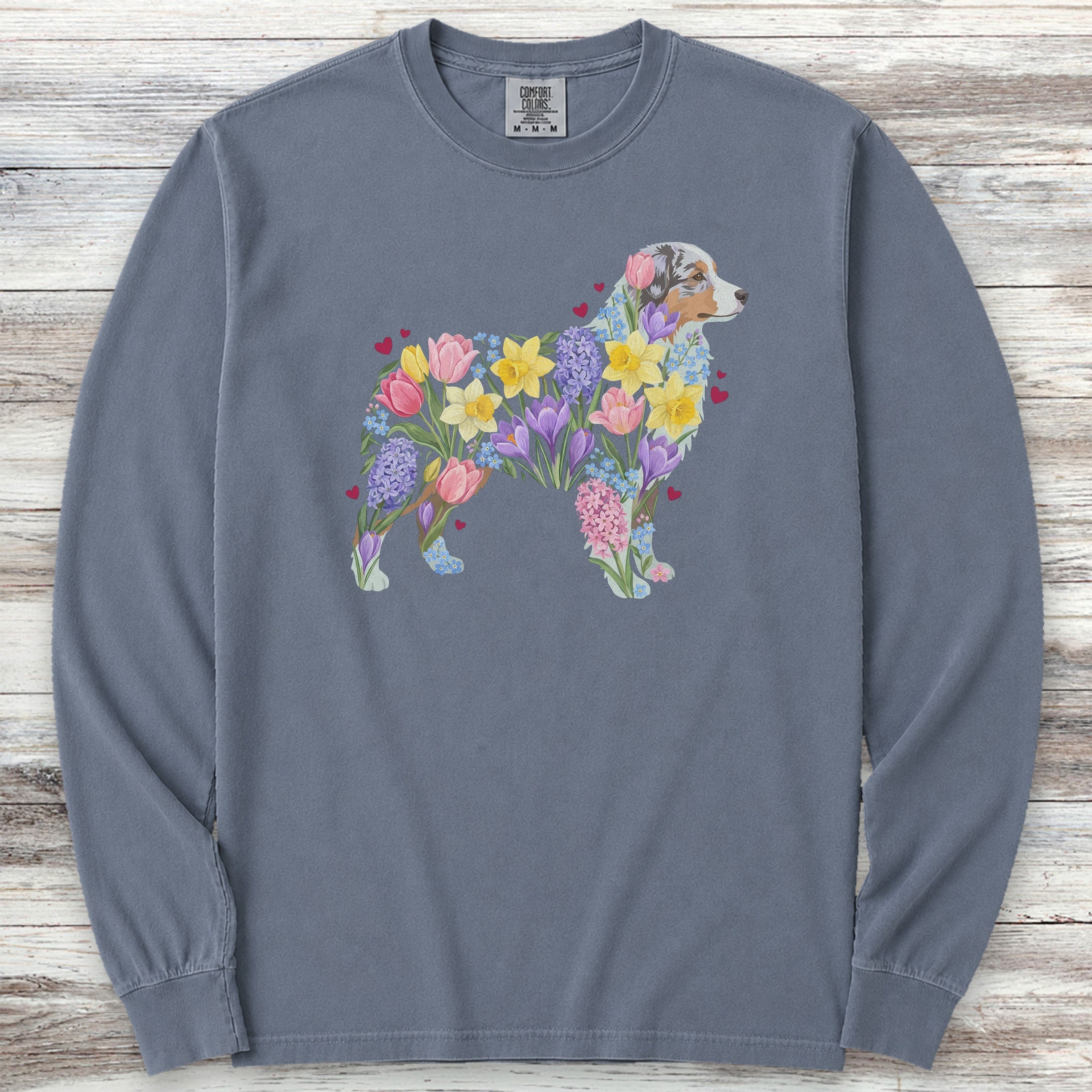 Australian Shepherd Spring Floral Silhouette Long Sleeve Tee - Blue Jean