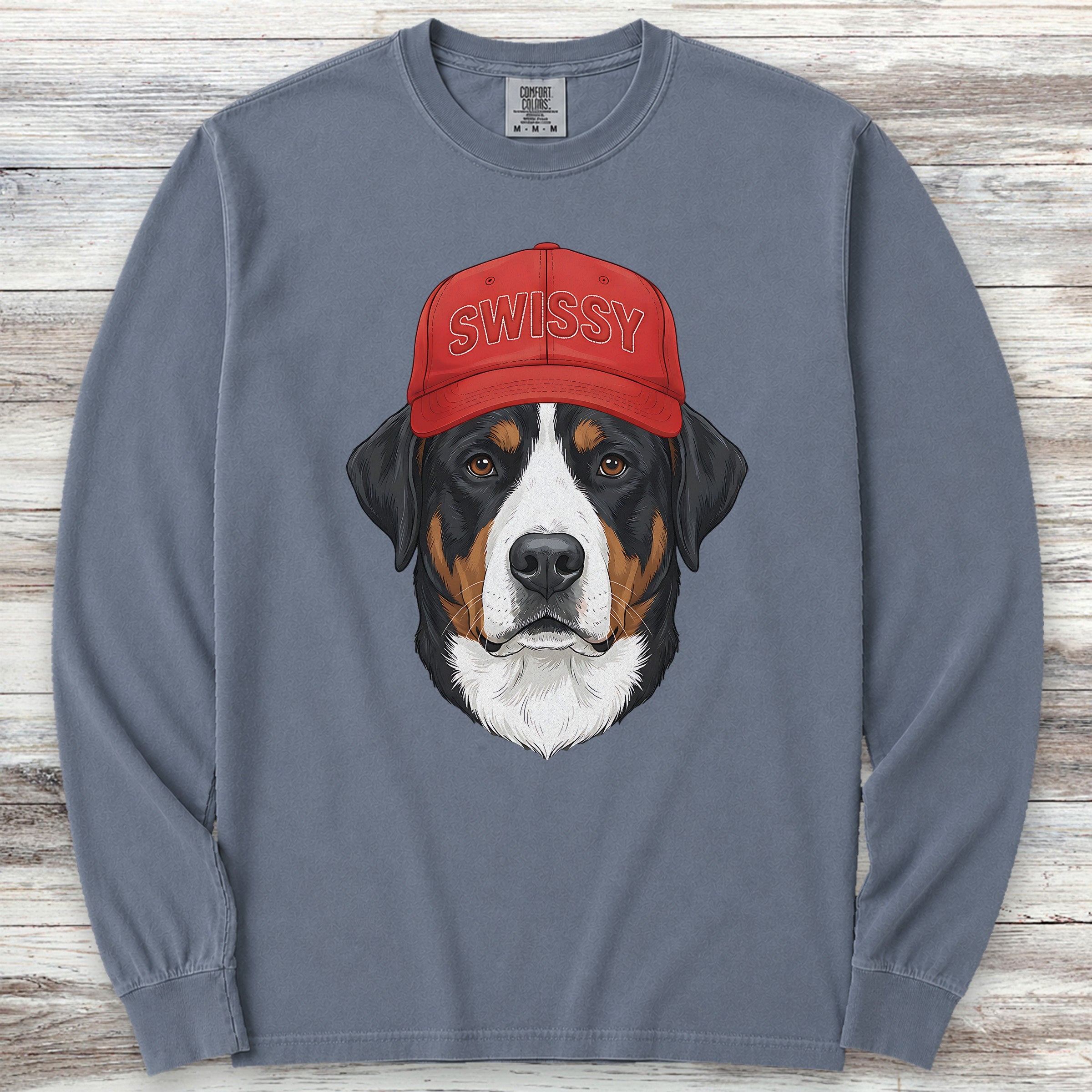Swiss Mountain Dog Swissy Hat Long Sleeve Tee - Blue Jean