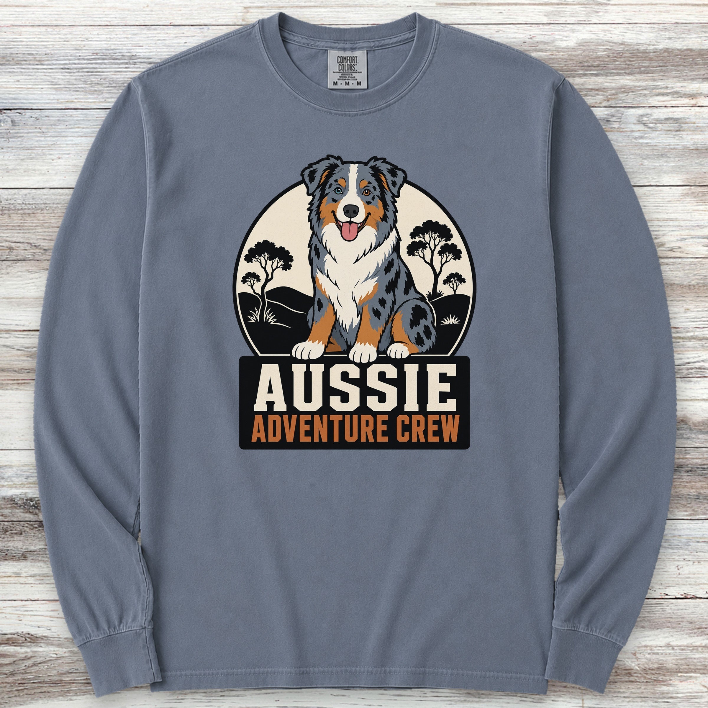 Australian Shepherd Adventure Crew Long Sleeve Tee - Blue Jean