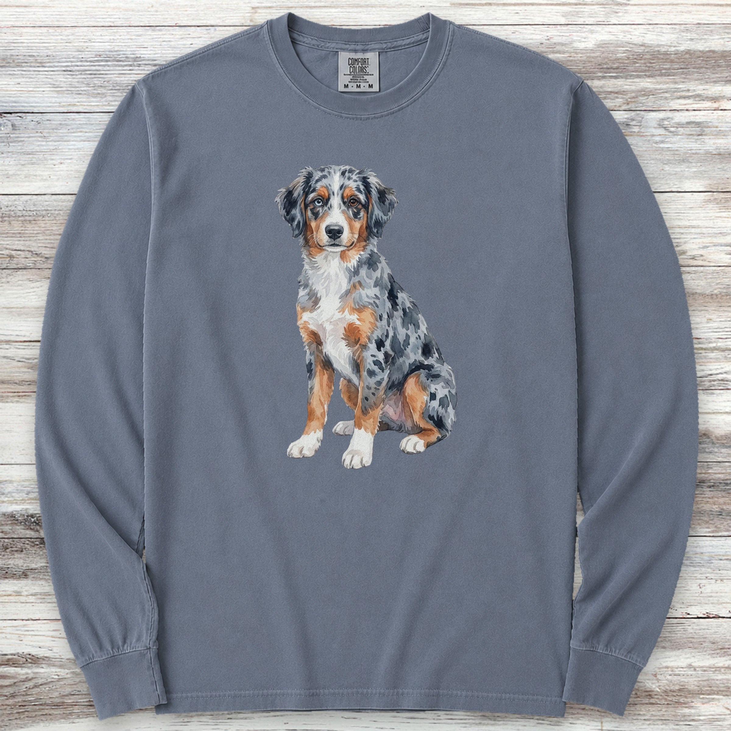 Australian Shepherd Puppy Watercolor Long Sleeve Tee - Blue Jean