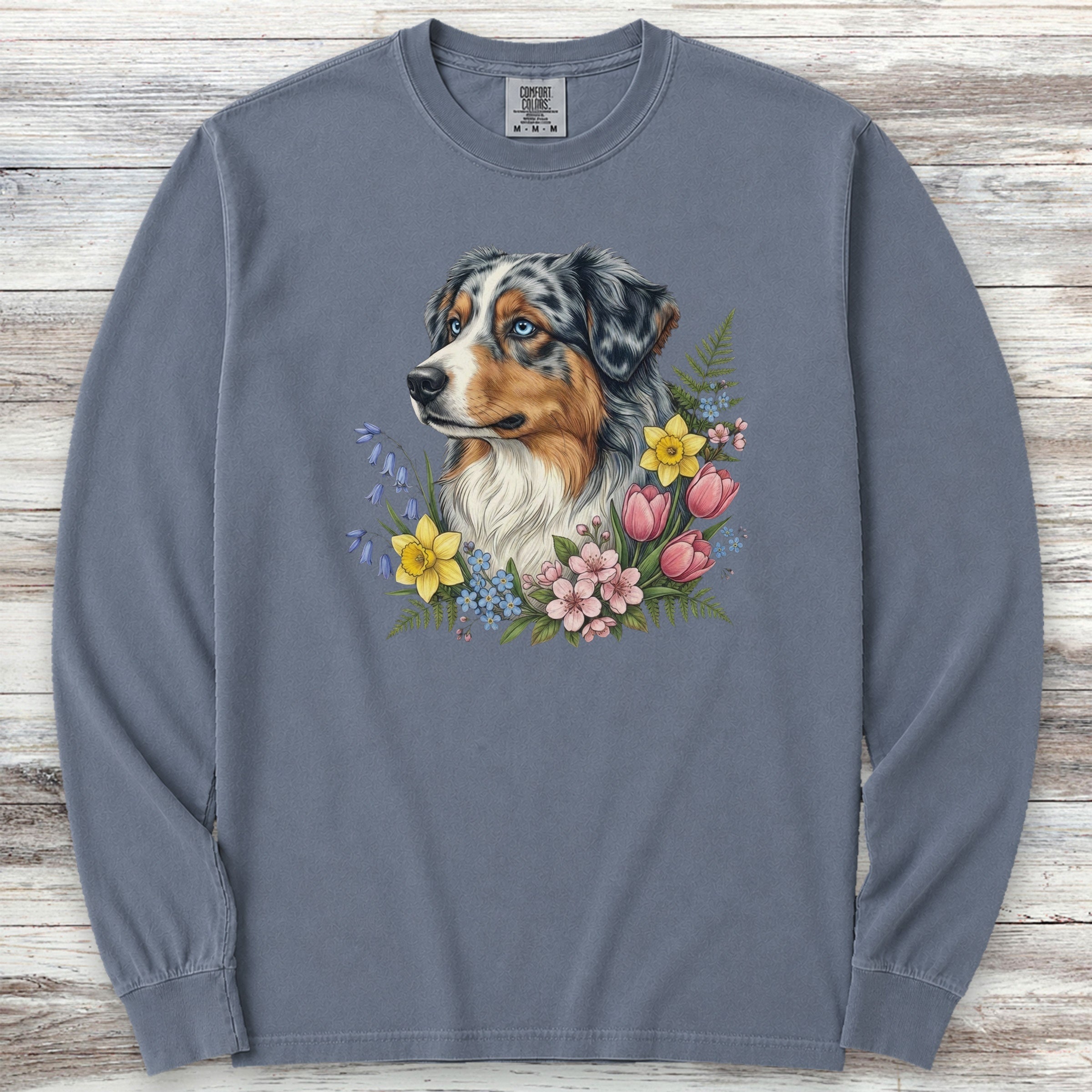 Australian Shepherd Merle Blue Eyes Portrait Long Sleeve Tee - Blue Jean