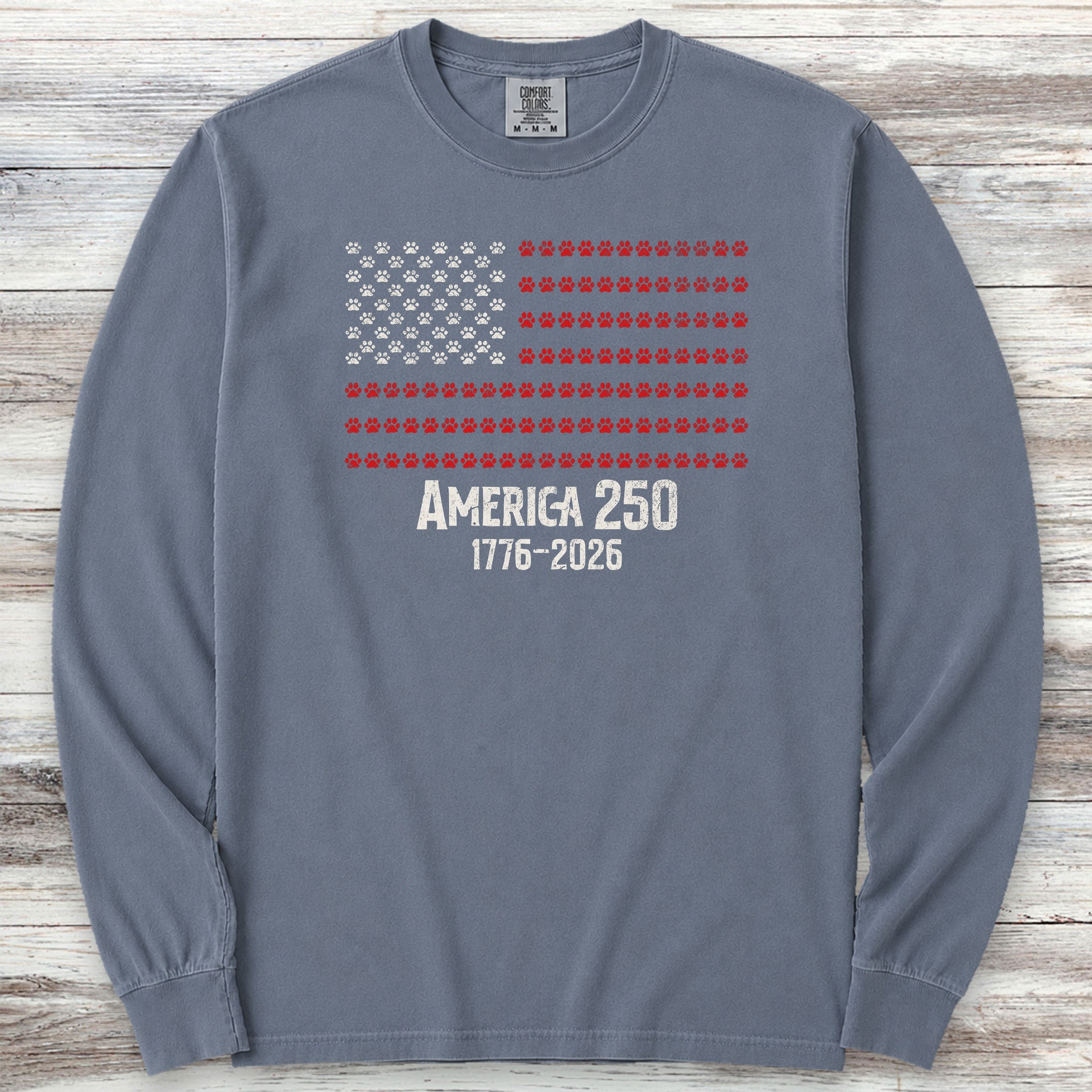 Vintage Red White & Paws 1776-2026 Long Sleeve Tee - Blue Jean