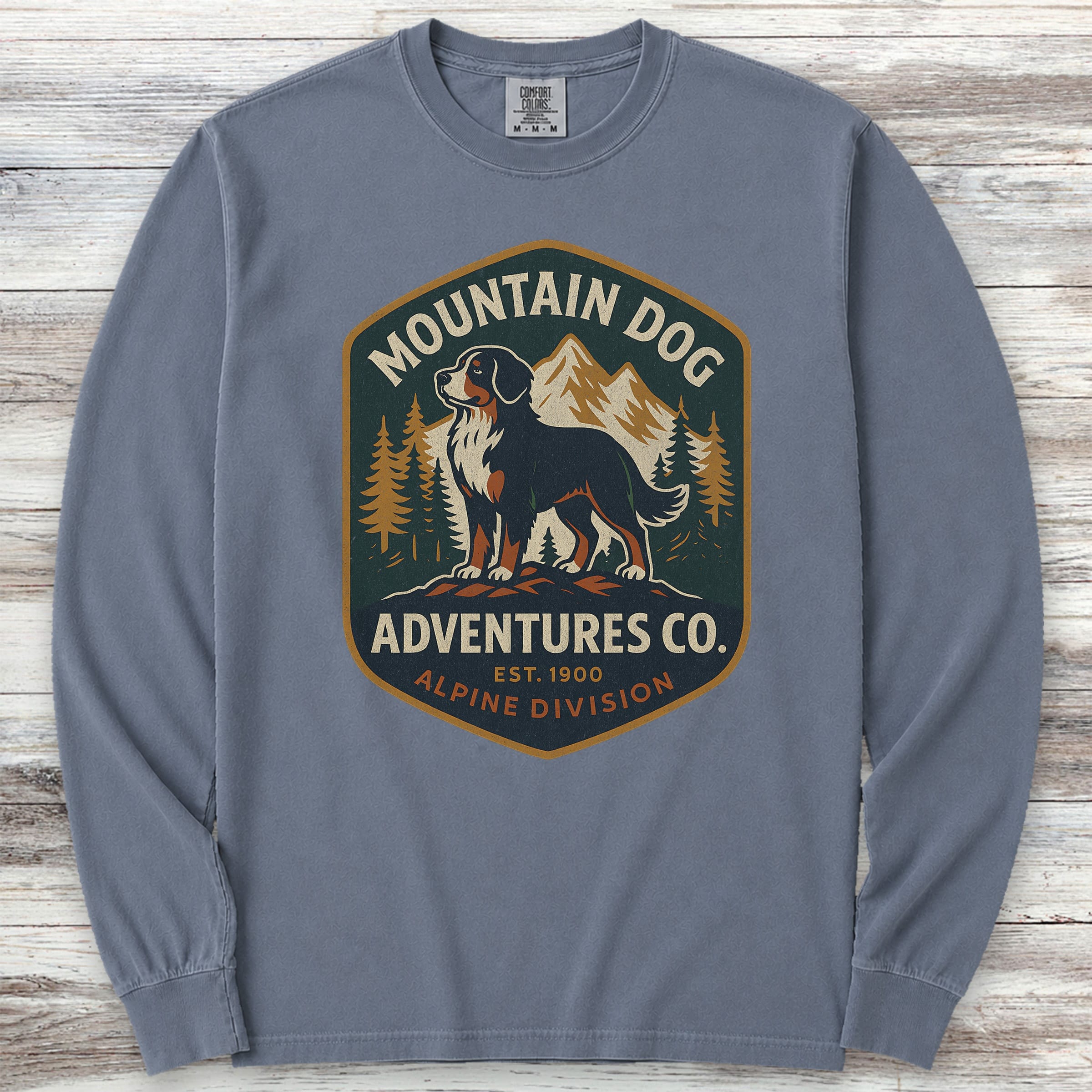 Bernese Mountain Dog Adventures Long Sleeve Tee - Blue Jean