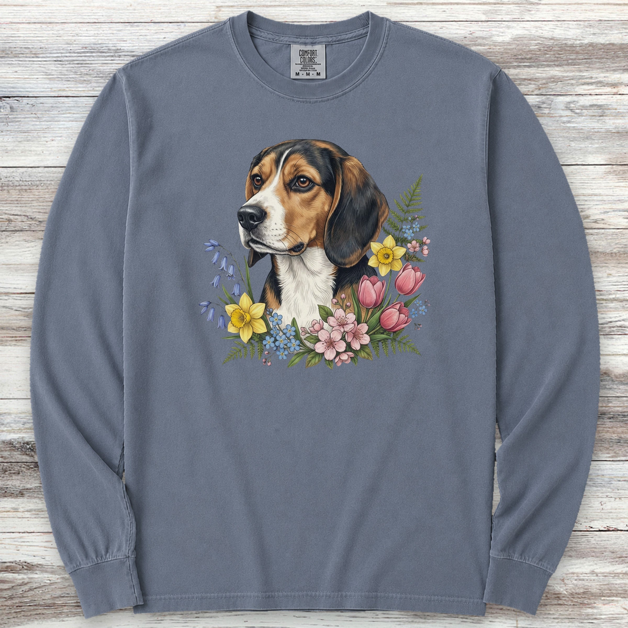 Beagle Spring Portrait Long Sleeve Tee - Blue Jean