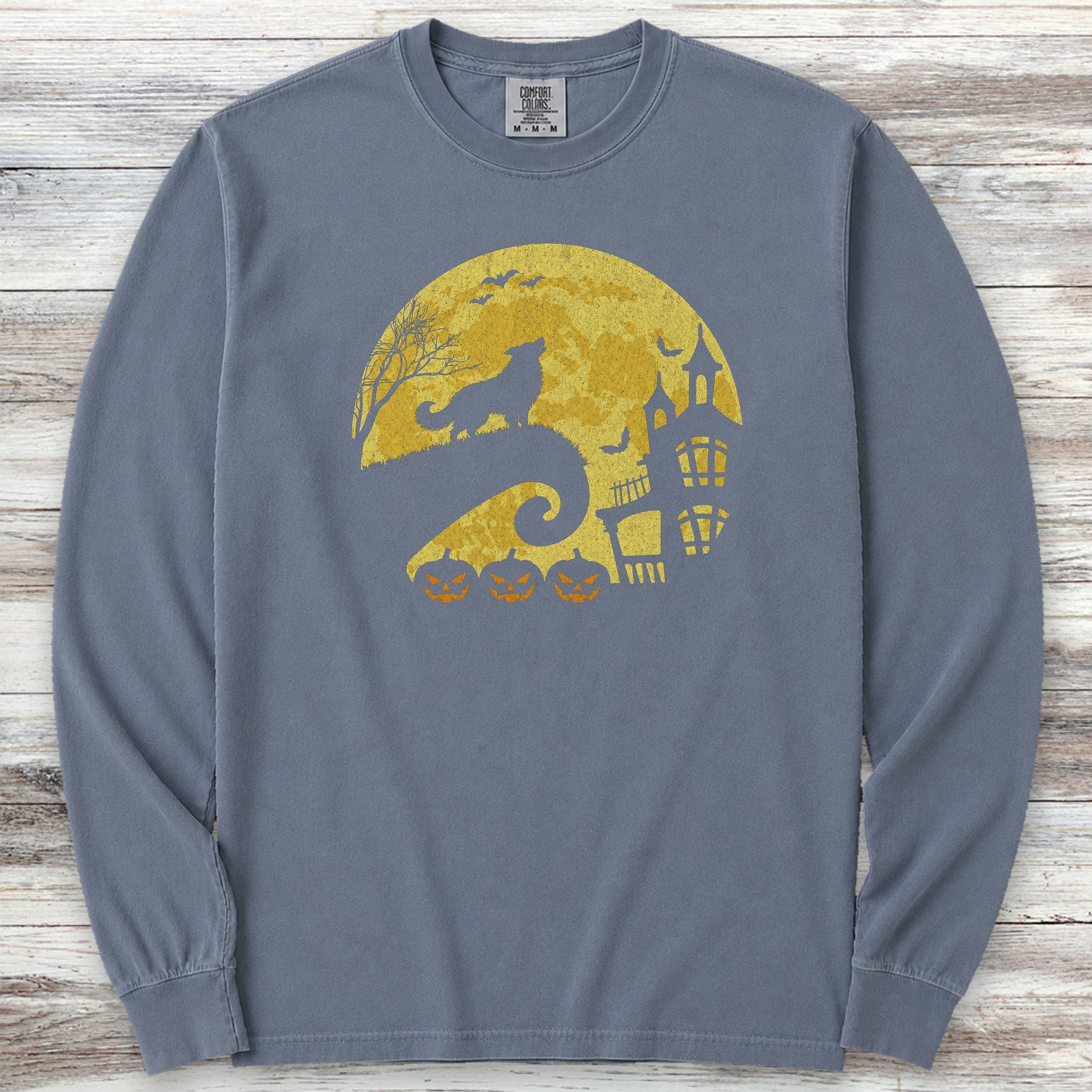 Border Collie Halloween Moon Long Sleeve Tee - Blue Jean