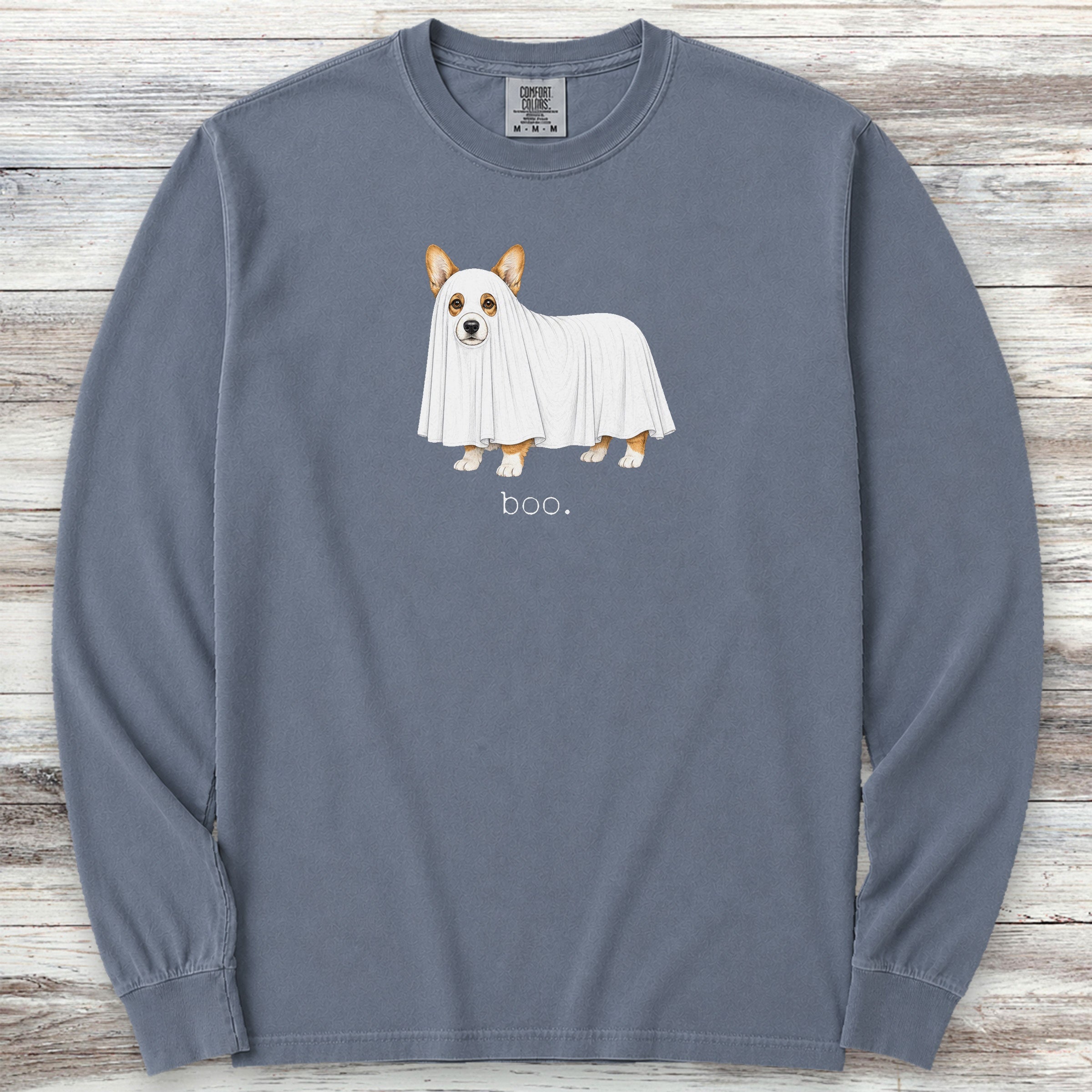 Corgi Boo Long Sleeve Tee - Blue Jean