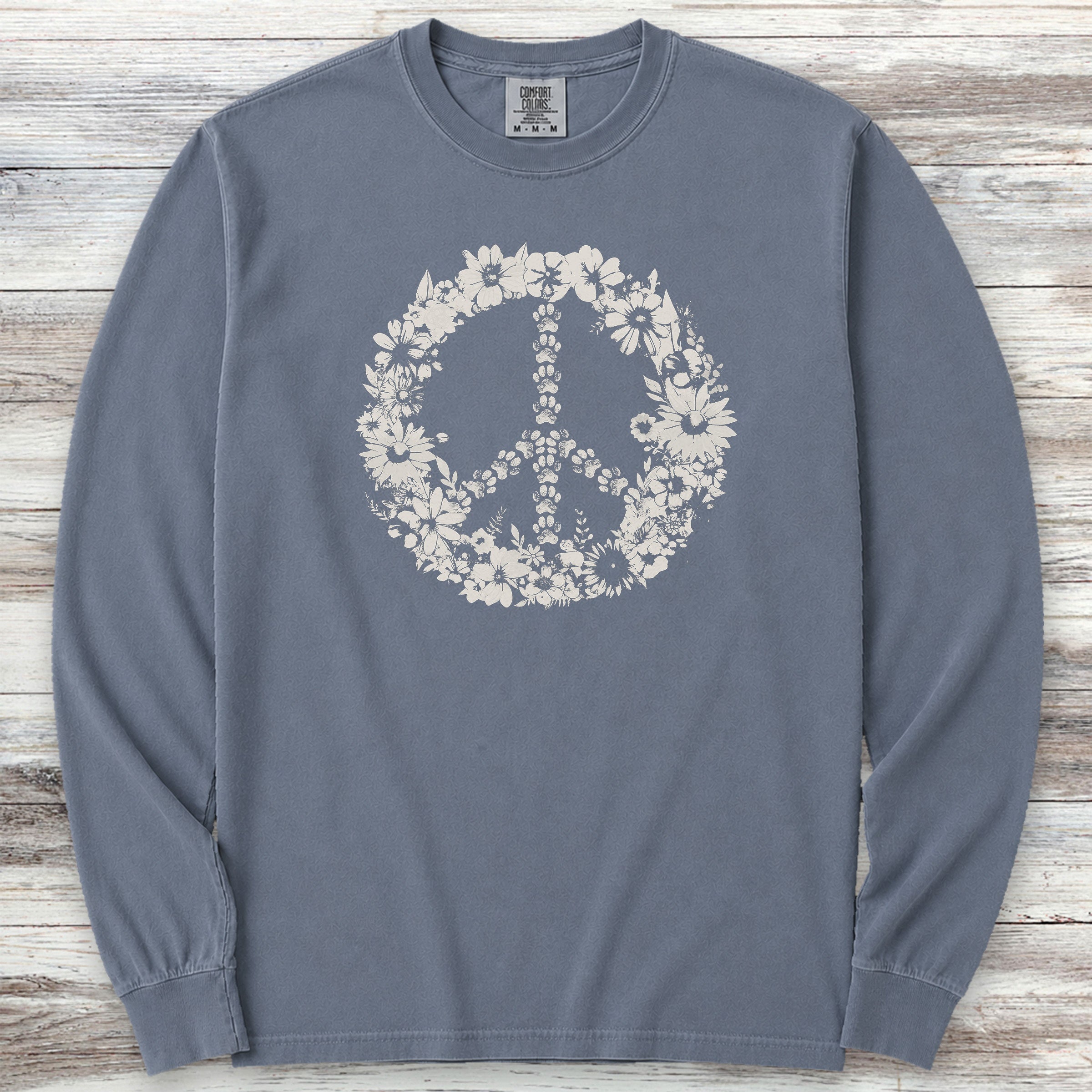 Vintage Floral Peace Long Sleeve Tee - Blue Jean