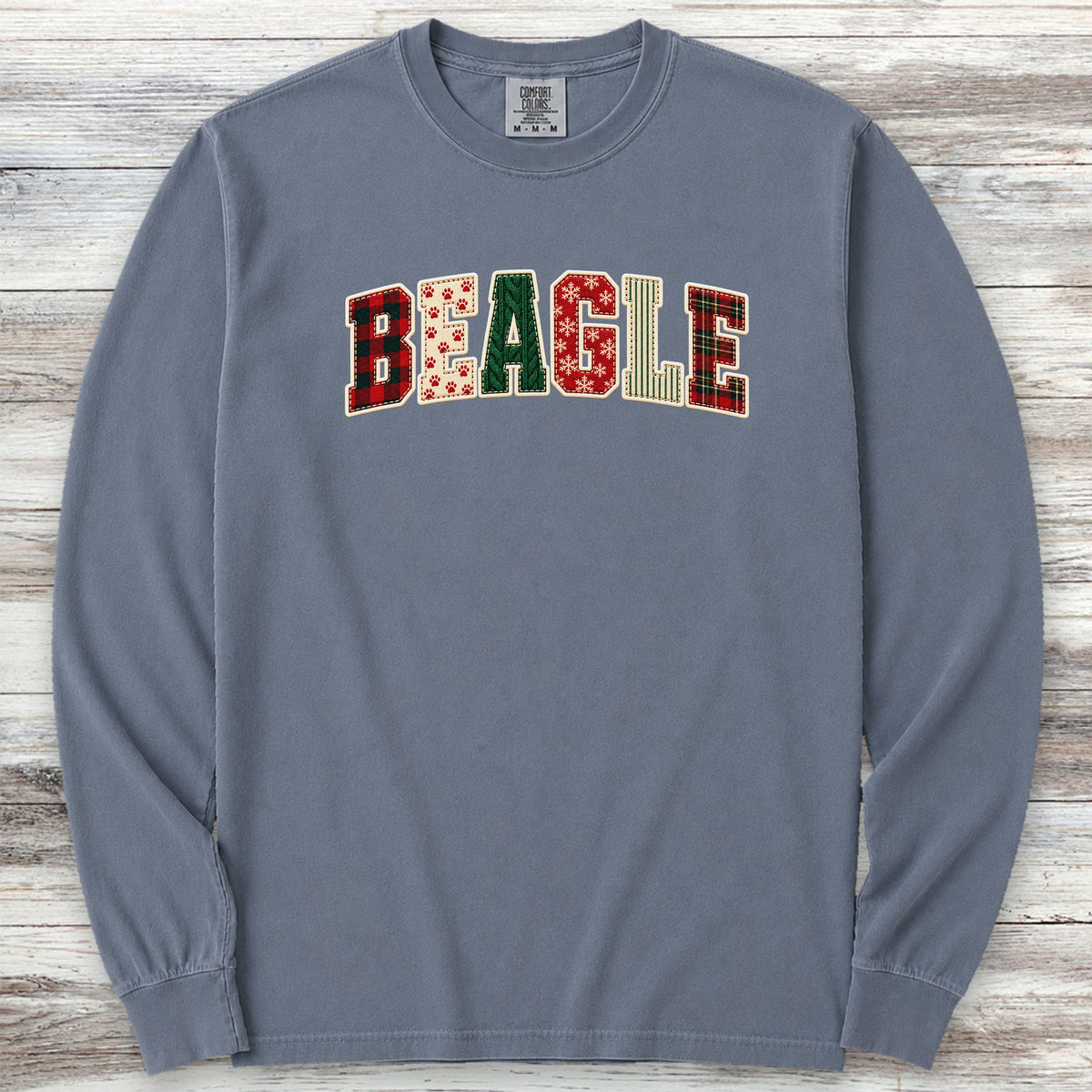 Beagle Holiday Faux Patchwork Long Sleeve Tee - Blue Jean