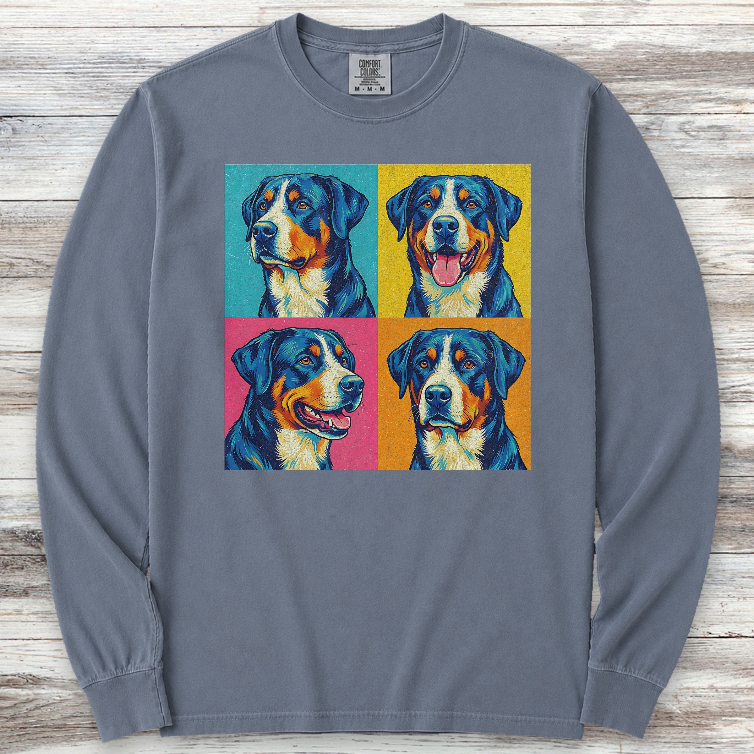 Swiss Mountain Dog Pop Art Long Sleeve Tee - Blue Jean