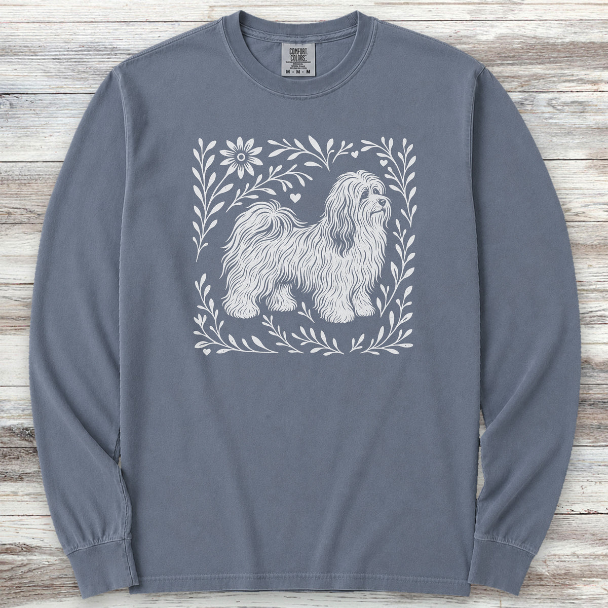 Havanese Linocut Long Sleeve Tee - Blue Jean