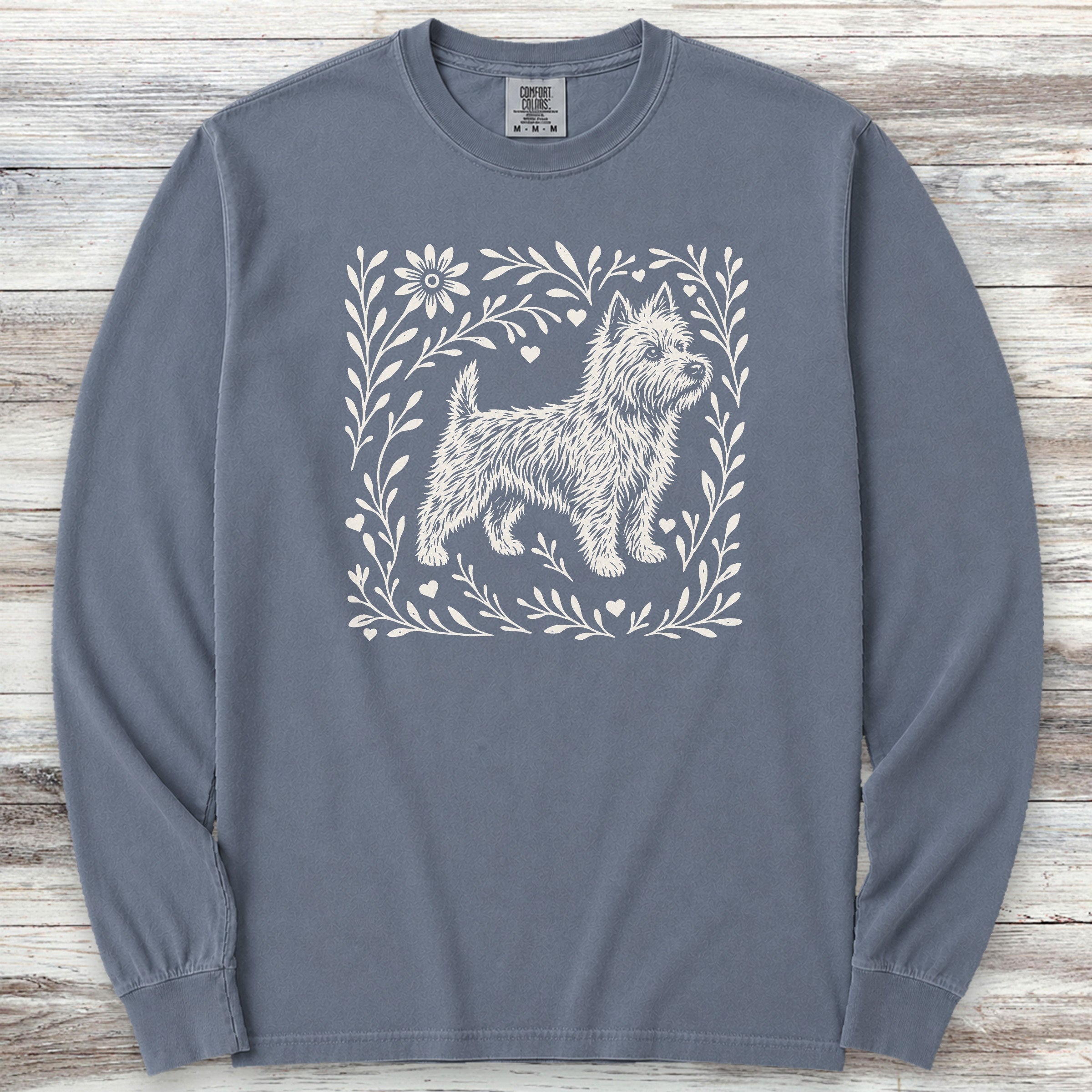 Cairn Terrier Linocut Long Sleeve Tee - Blue Jean