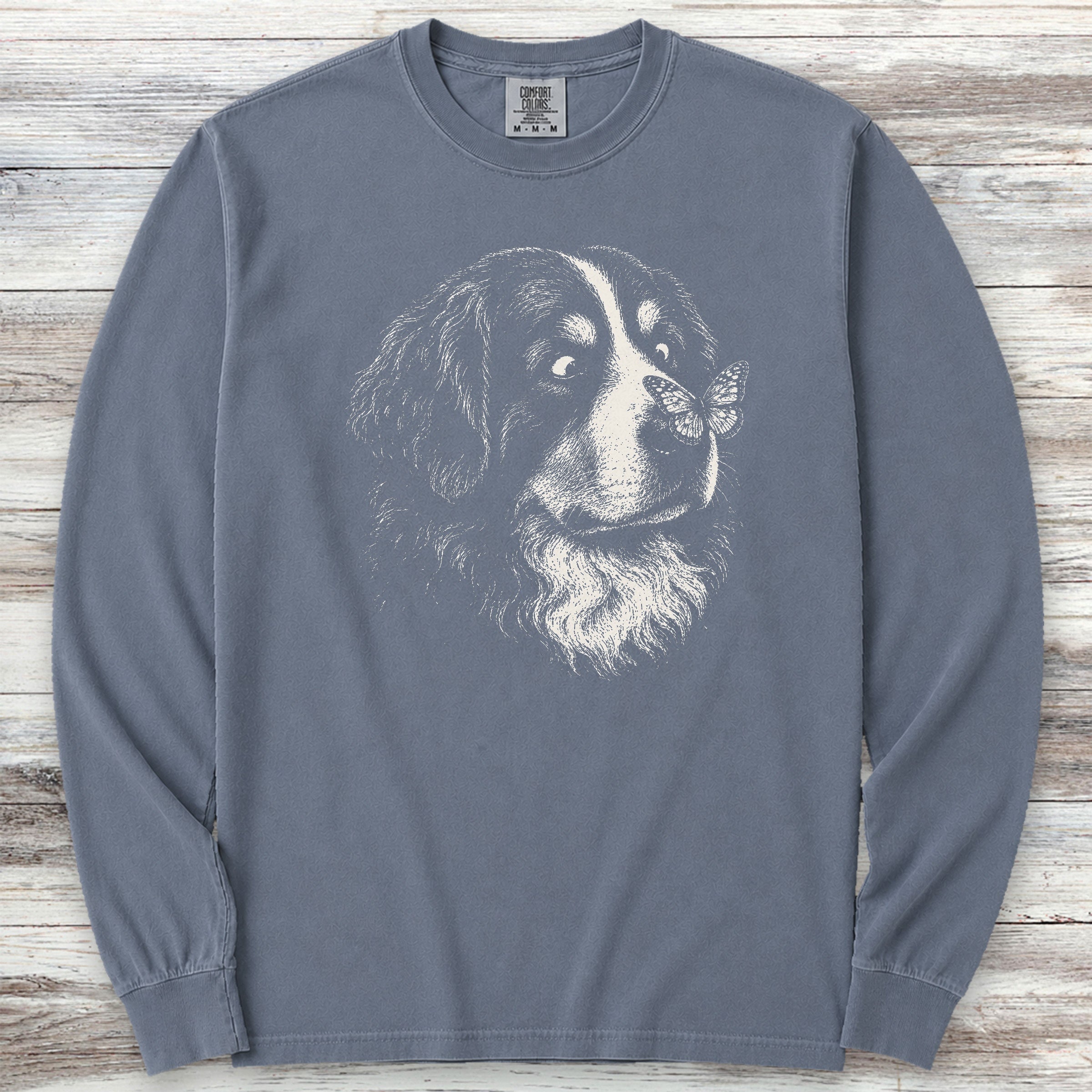 Bernese Mountain Dog Butterfly Long Sleeve Tee - Blue Jean