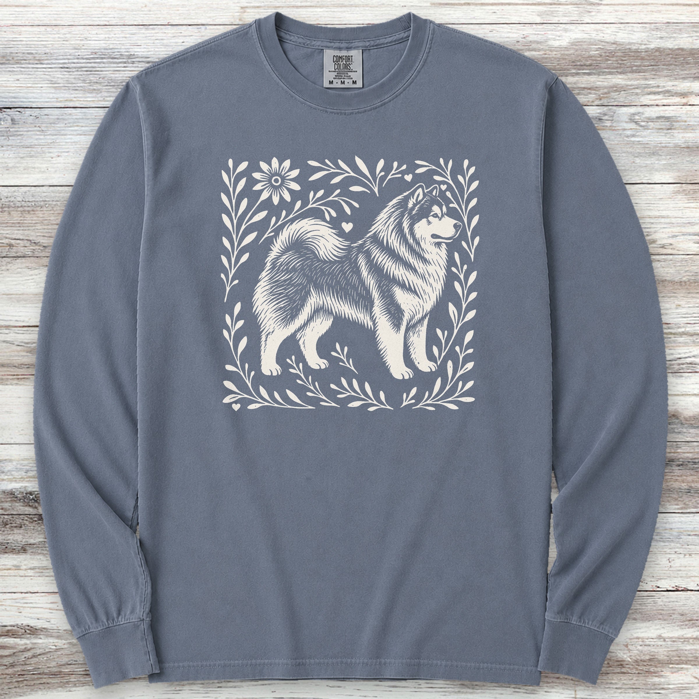Alaskan Malamute Linocut Long Sleeve Tee - Blue Jean