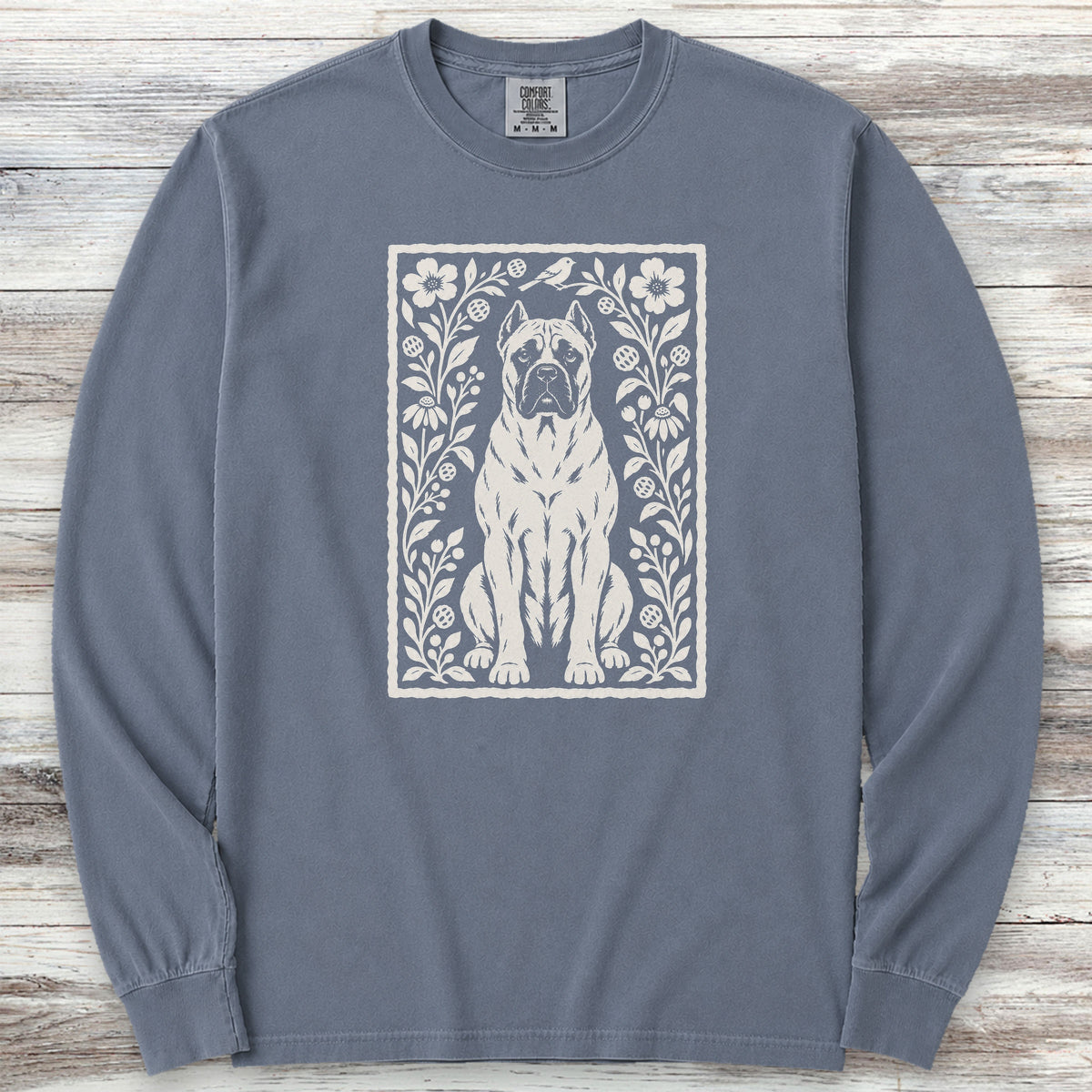 Cane Corso Fawn Folk Art Floral Long Sleeve Tee - Blue Jean