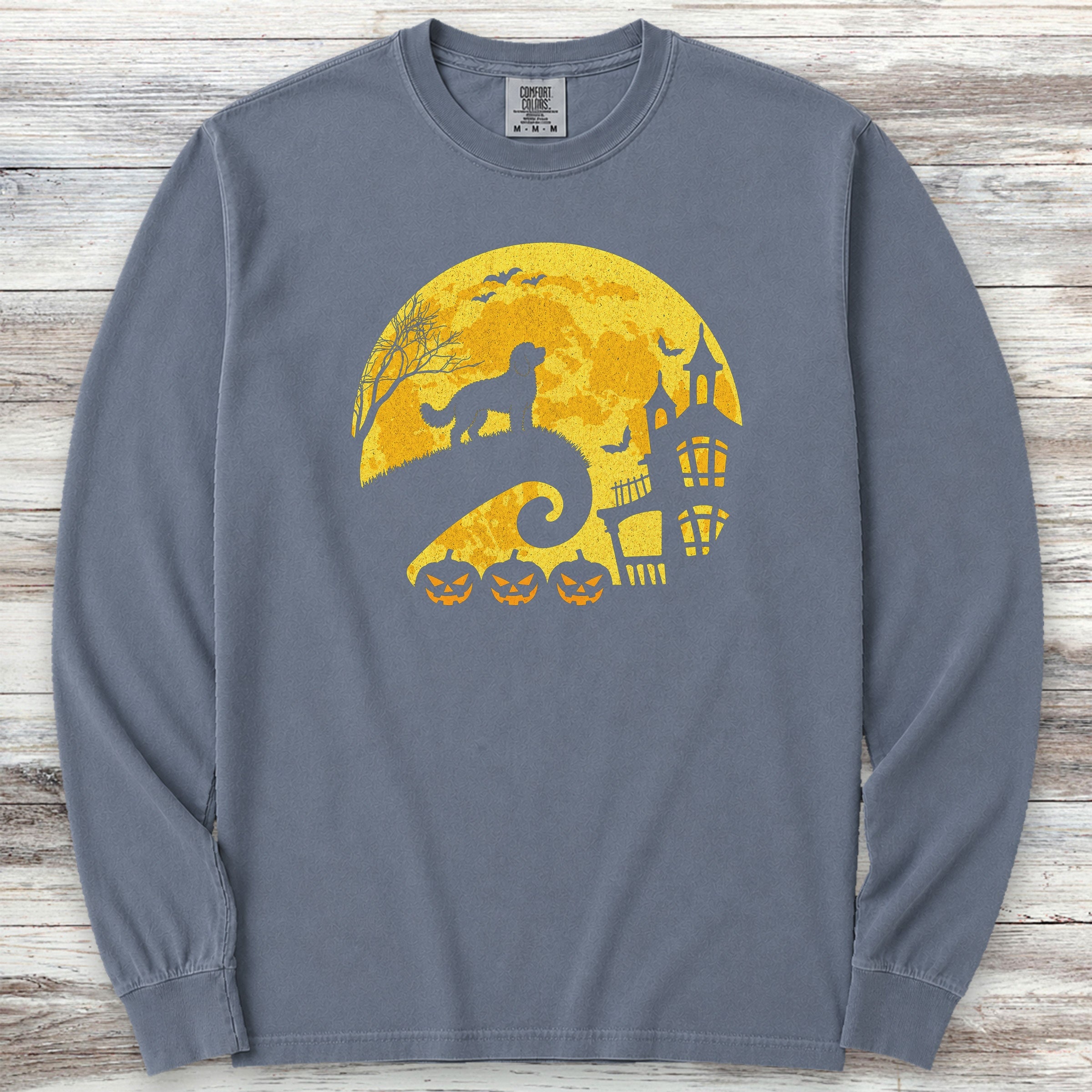 Doodle Halloween Moon Long Sleeve Tee - Blue Jean