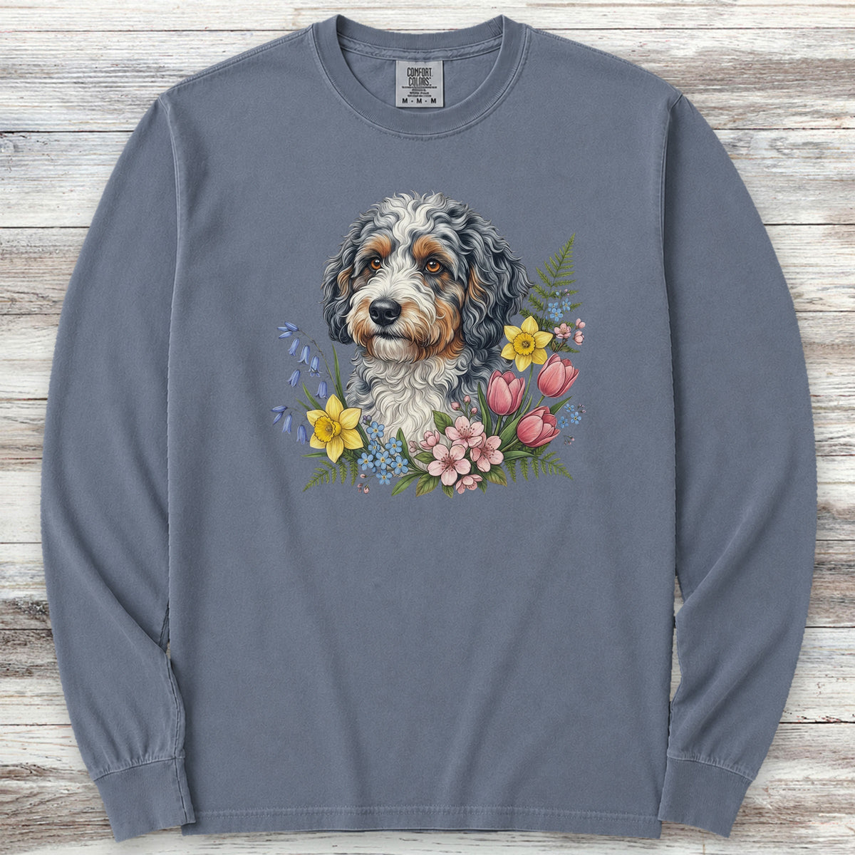 Aussiedoodle Spring Portrait Long Sleeve Tee - Blue Jean