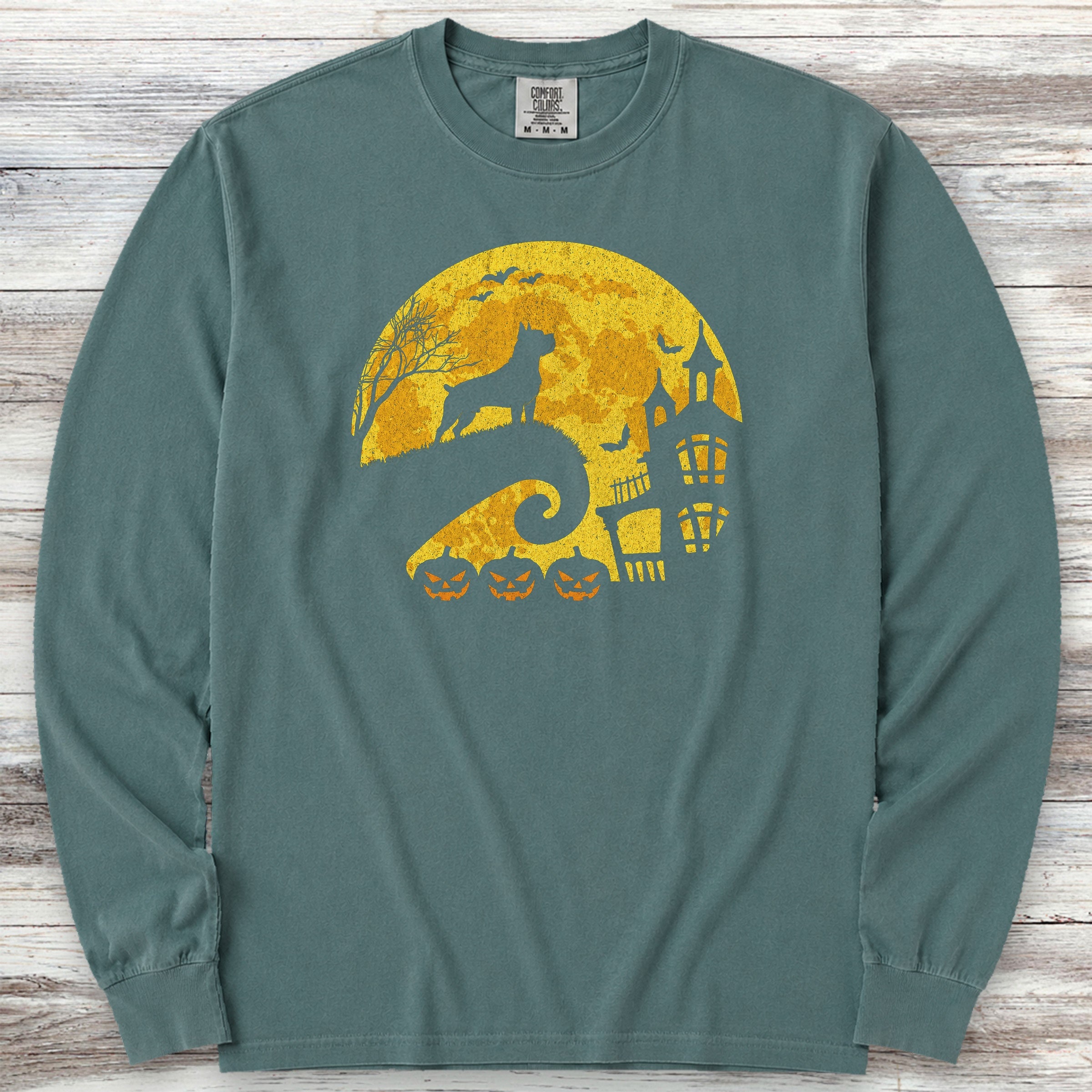 Cane Corso Halloween Moon Long Sleeve Tee - Blue Spruce