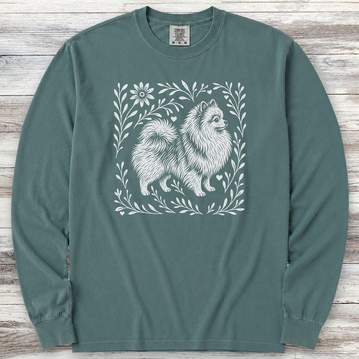 Pomeranian Linocut Long Sleeve Tee - Blue Spruce