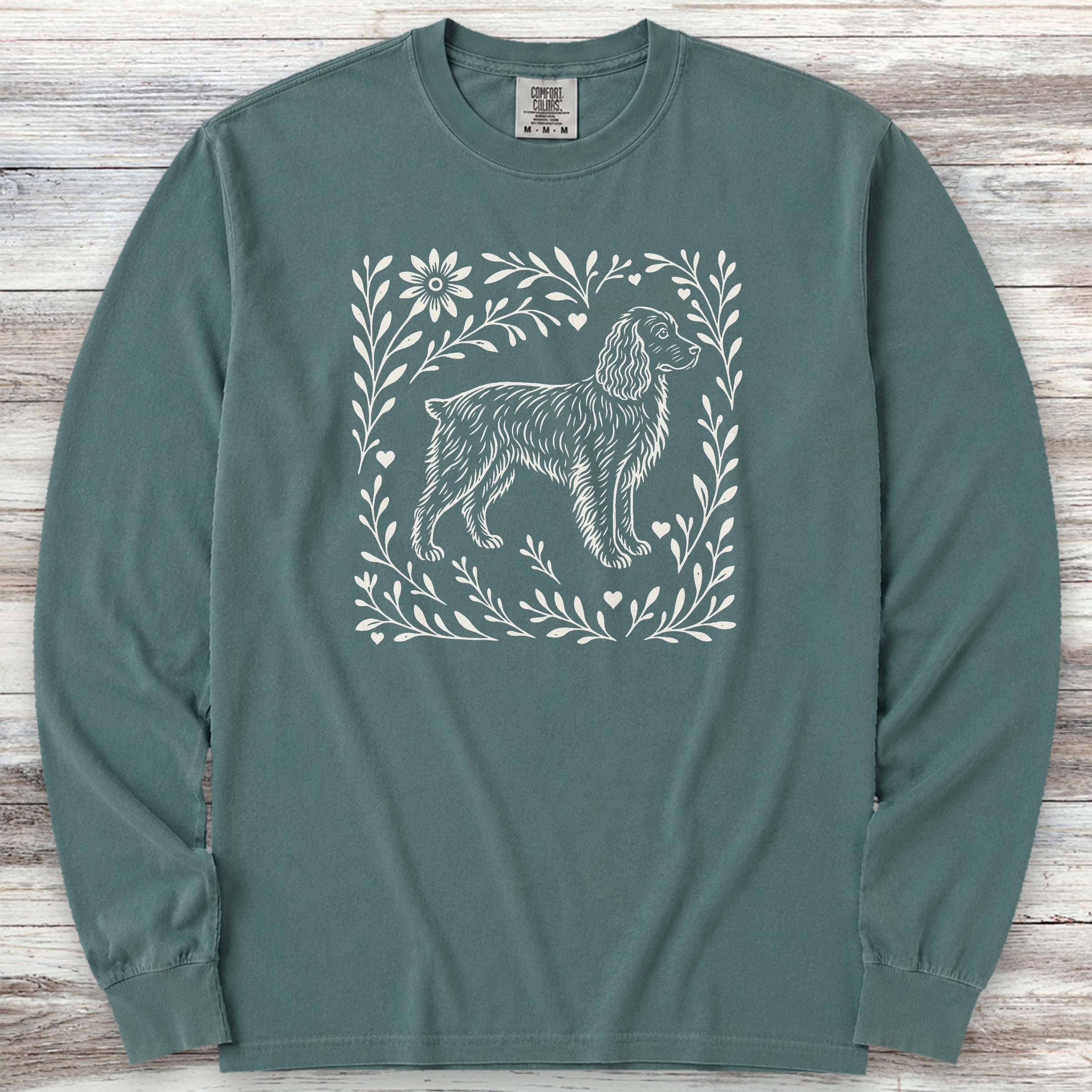 Boykin Spaniel Linocut Long Sleeve Tee - Blue Spruce