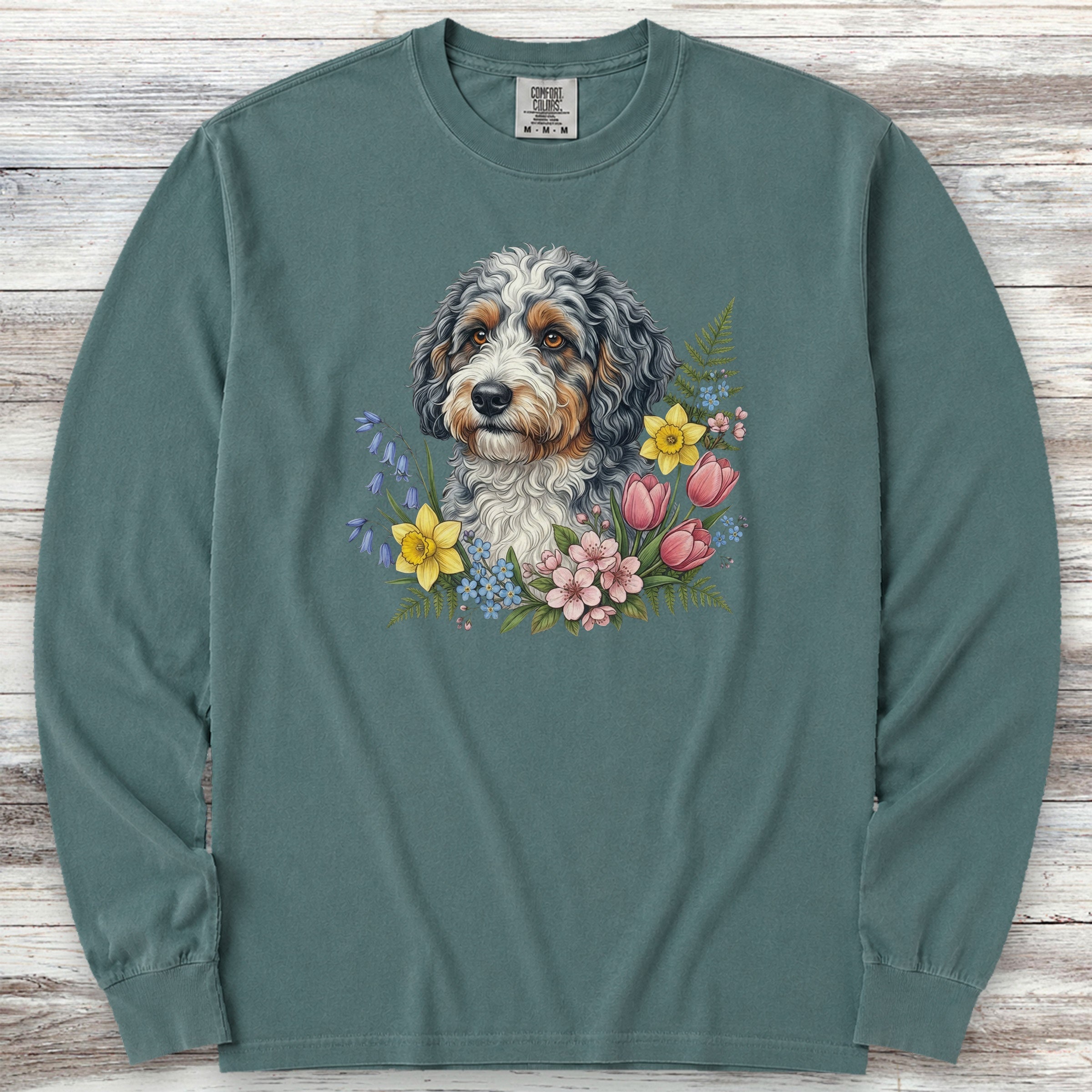 Aussiedoodle Spring Portrait Long Sleeve Tee - Blue Spruce