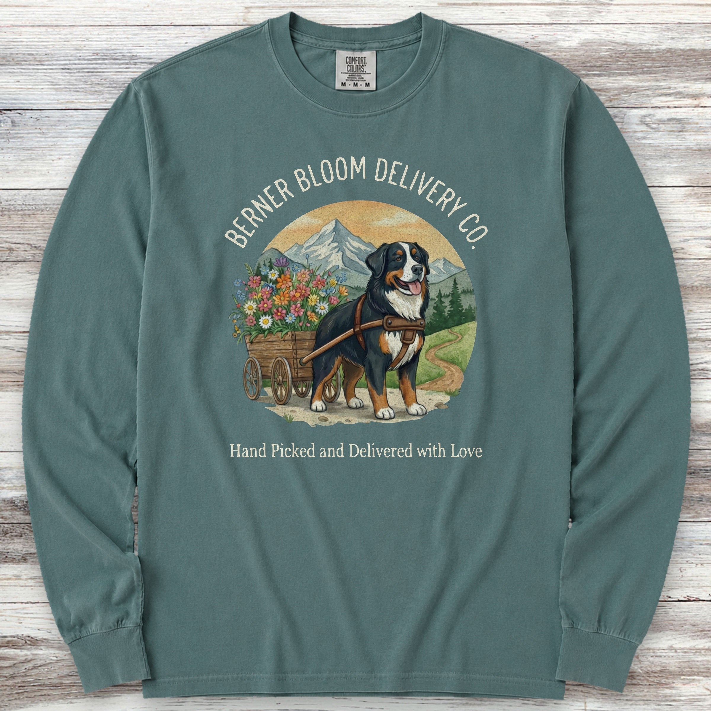 Bernese Mountain Dog Bloom Delivery Long Sleeve Tee - Blue Spruce