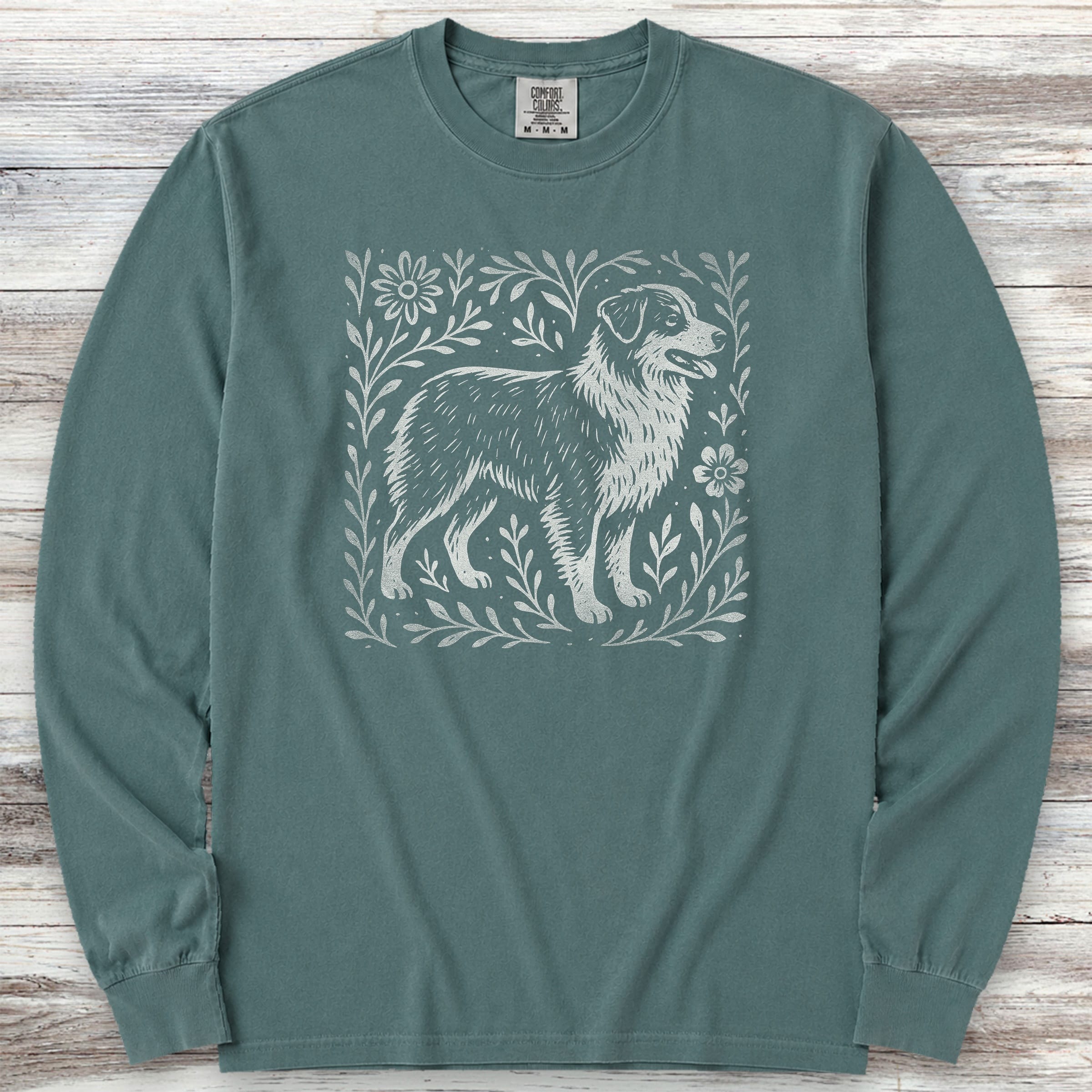 Australian Shepherd Linocut Long Sleeve Tee - Blue Spruce