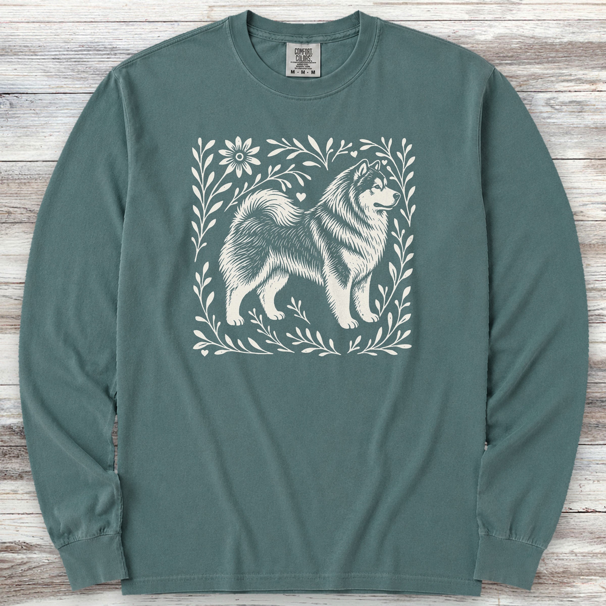 Alaskan Malamute Linocut Long Sleeve Tee - Blue Spruce