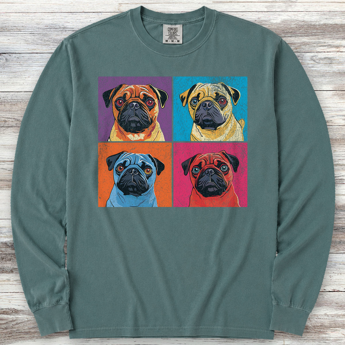 Pug Pop Art Long Sleeve Tee - Blue Spruce