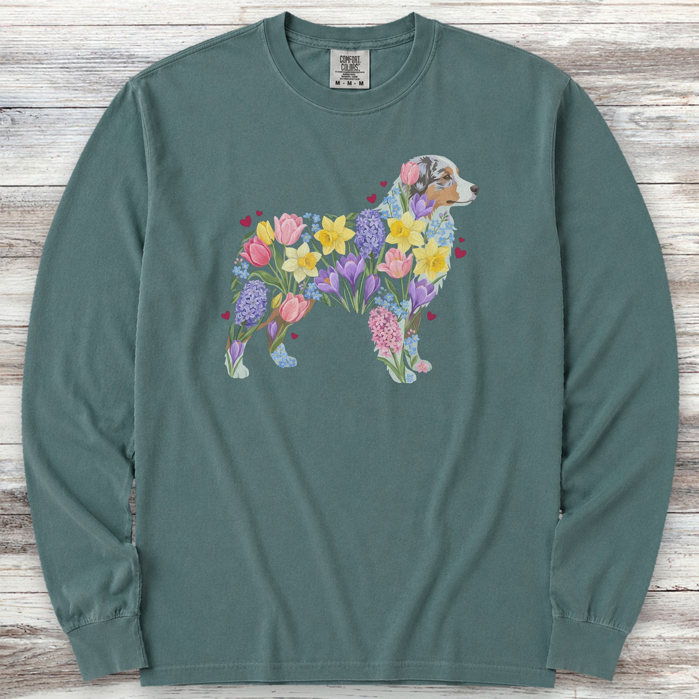 Australian Shepherd Spring Floral Silhouette Long Sleeve Tee - Blue Spruce