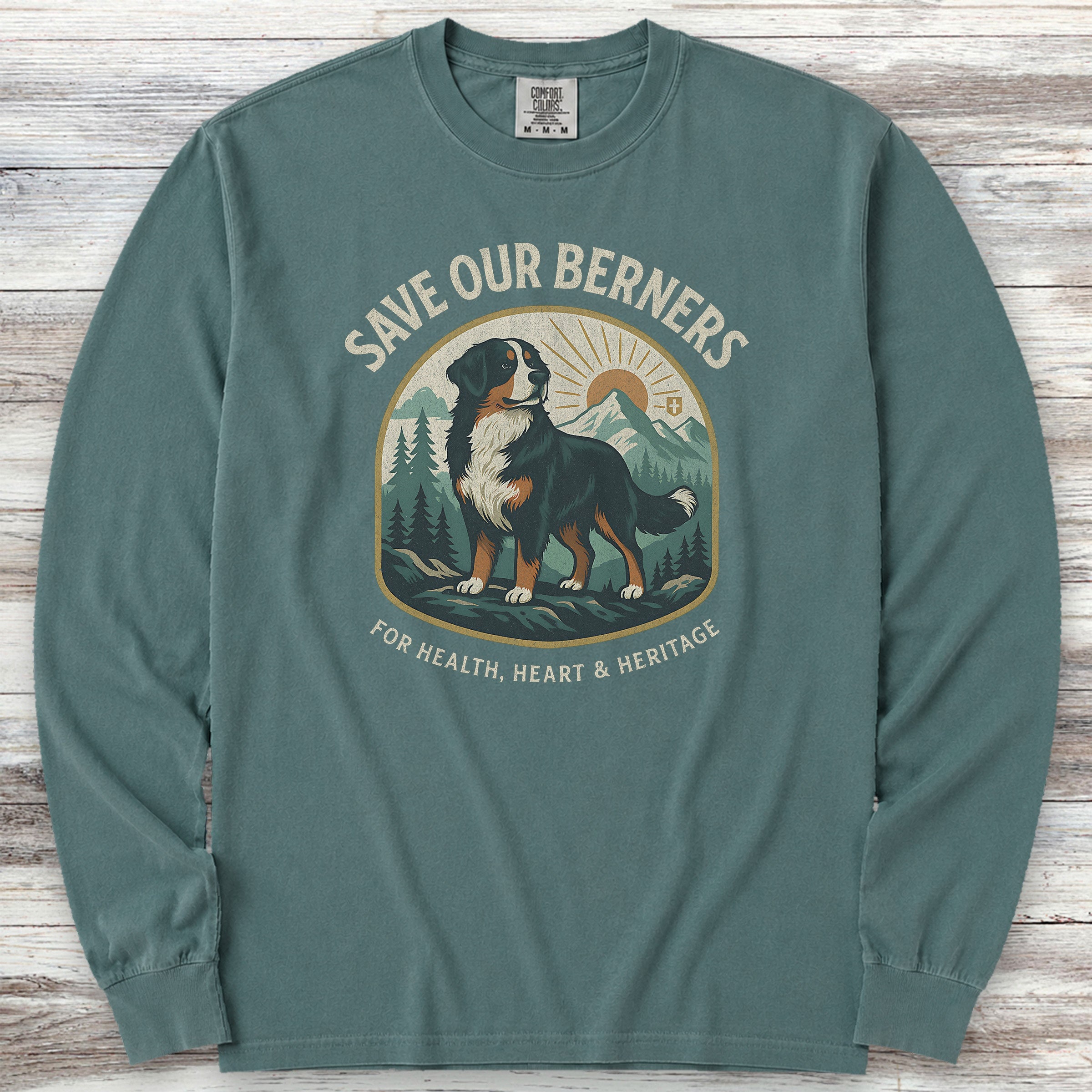 Bernese Mountain Dog Save Berners Long Sleeve Tee - Blue Spruce