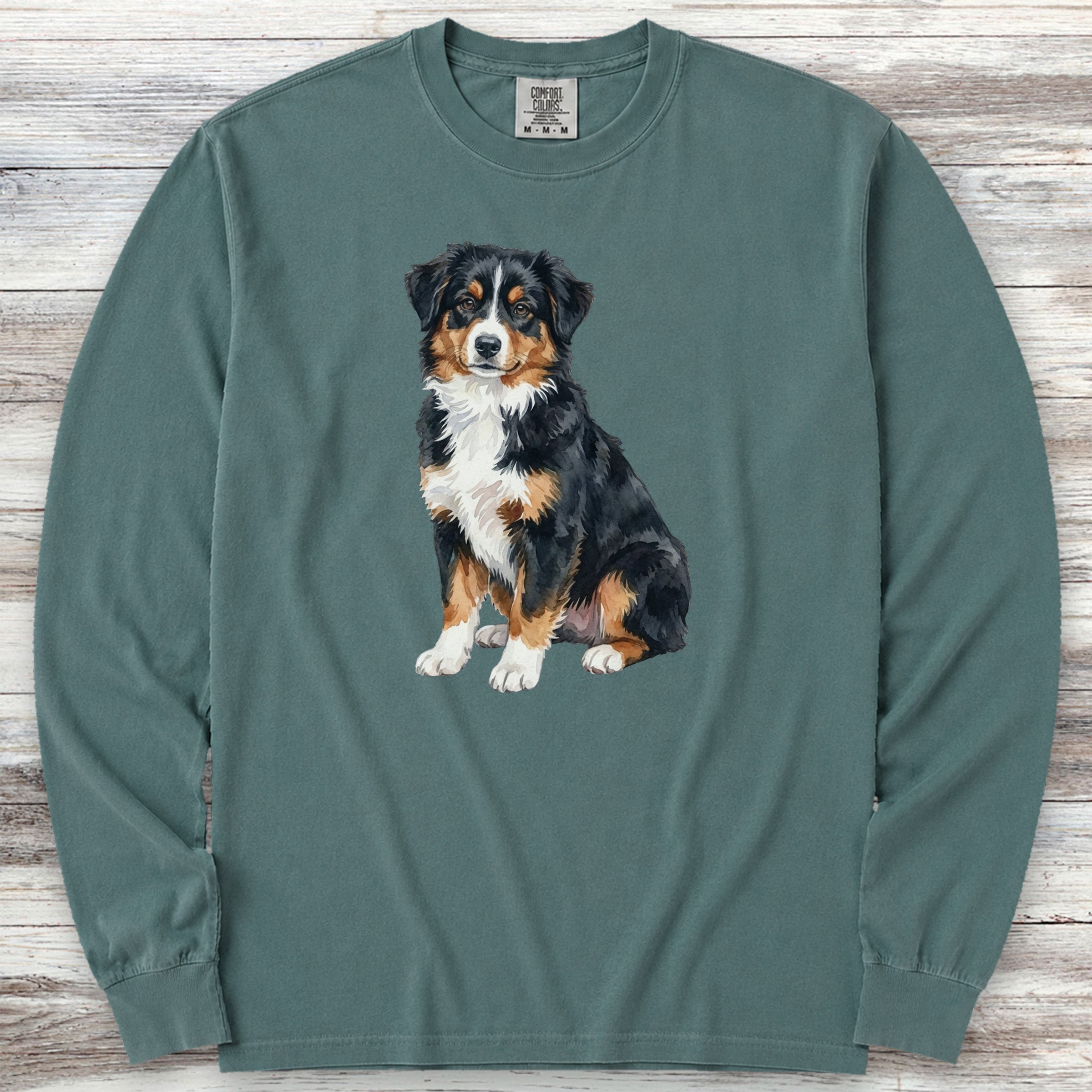 Australian Shepherd Tri Watercolor Long Sleeve Tee - Blue Spruce