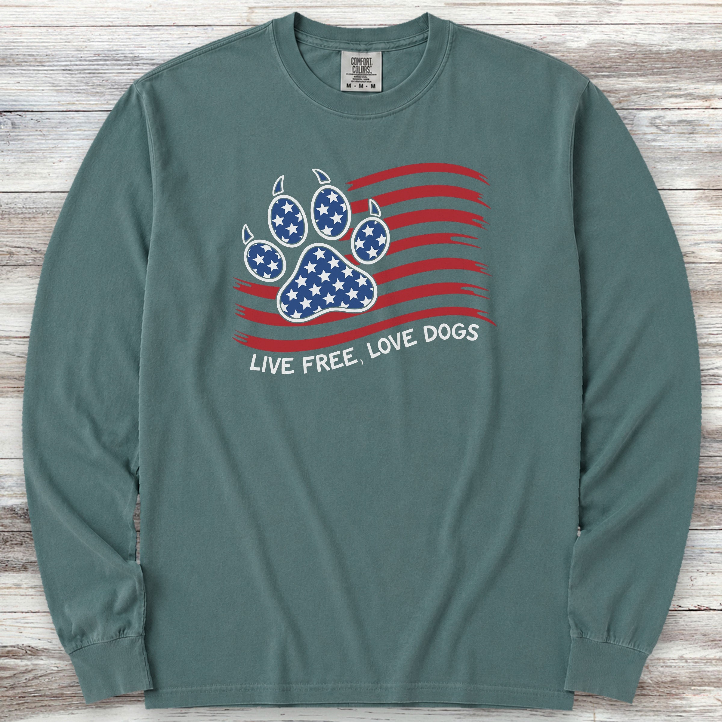 Live Free Love Dogs Flag Long Sleeve Tee - Blue Spruce