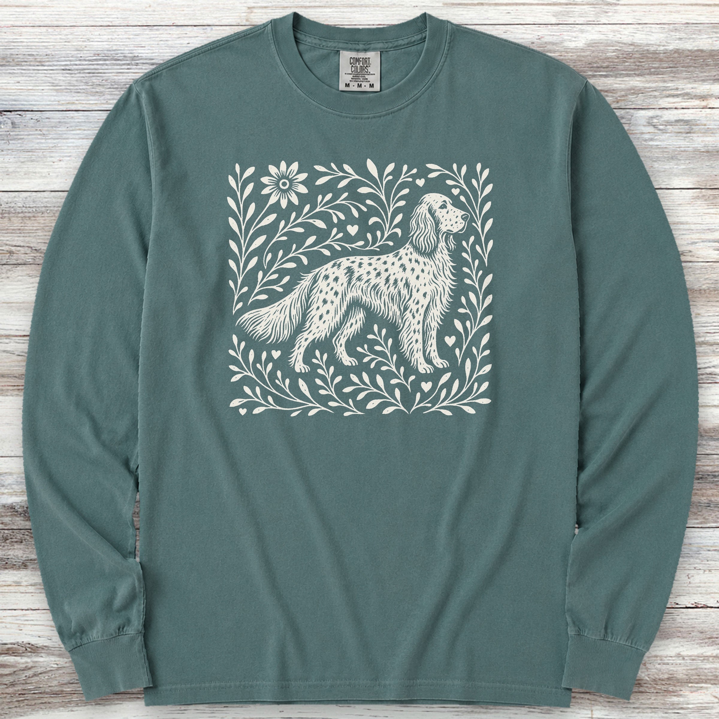 English Setter Linocut Long Sleeve Tee - Blue Spruce