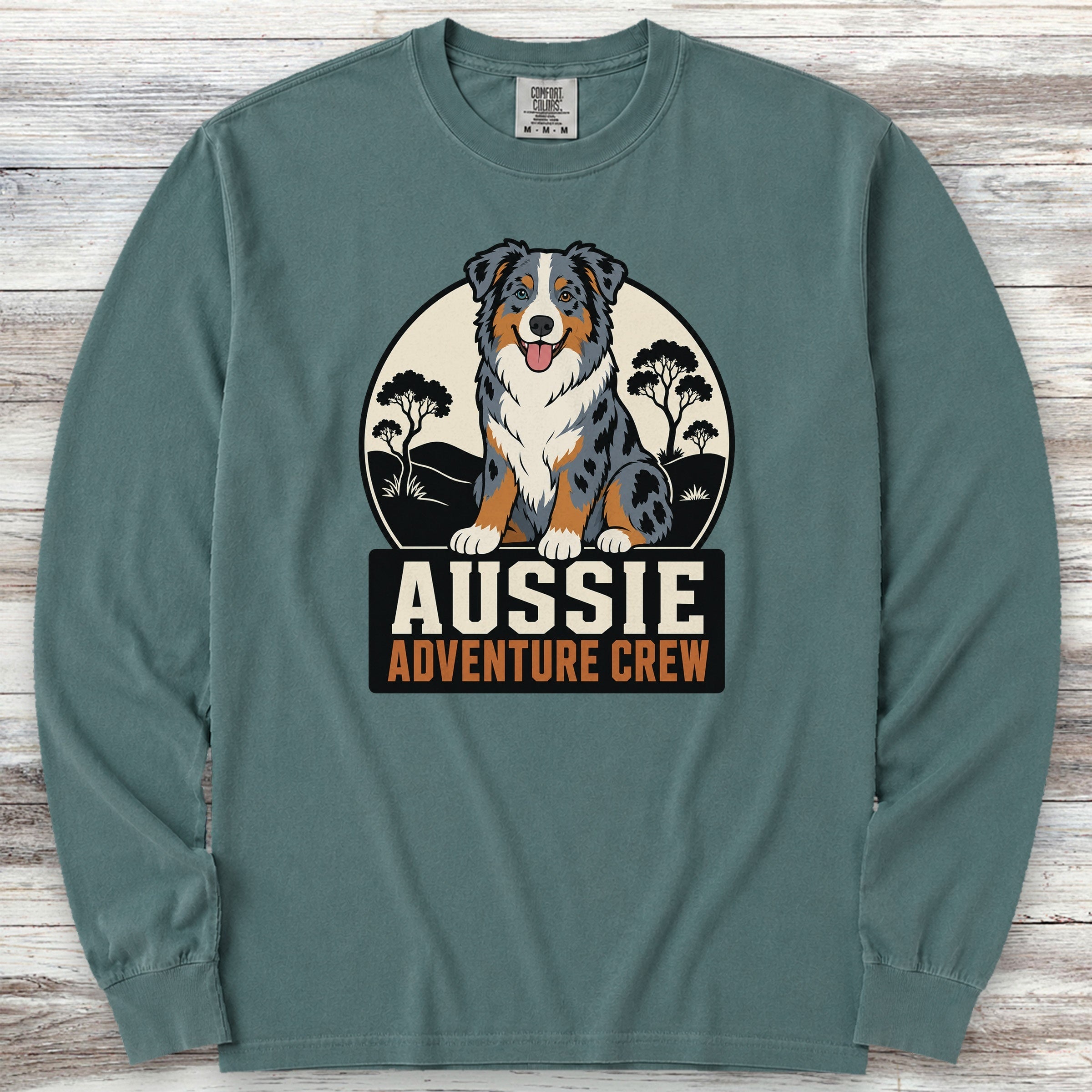 Australian Shepherd Adventure Crew Long Sleeve Tee - Blue Spruce