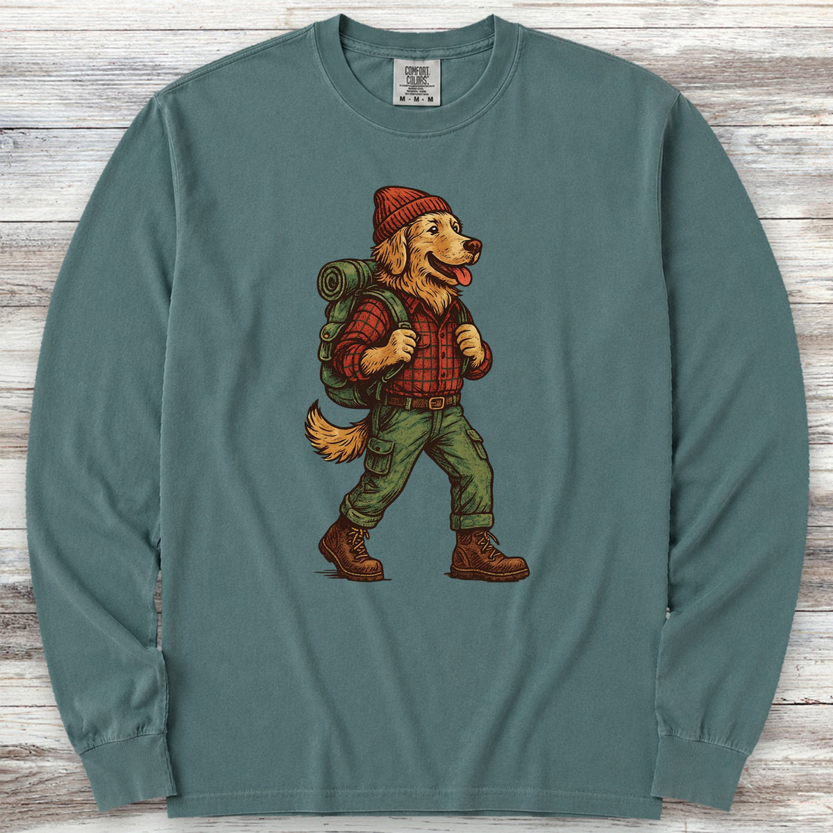 Golden Retriever Hiking Long Sleeve Tee - Blue Spruce
