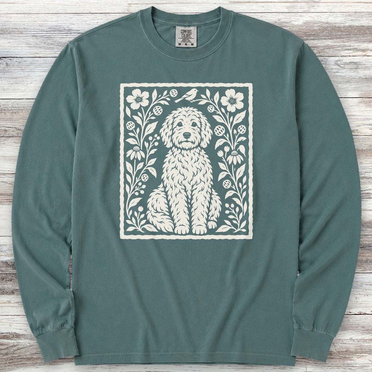 Doodle Folk Art Floral Long Sleeve Tee - Blue Spruce