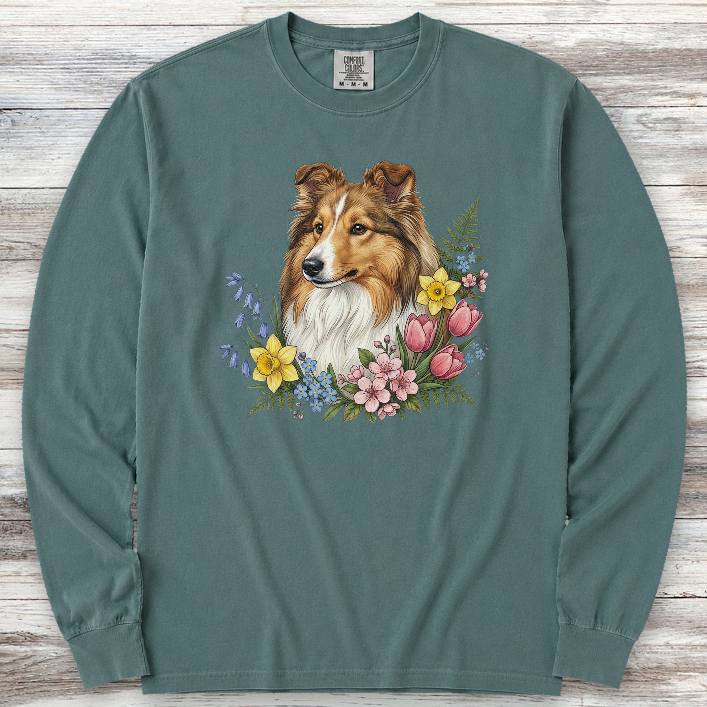 Shetland Sheepdog Spring Portrait Long Sleeve Tee - Blue Spruce