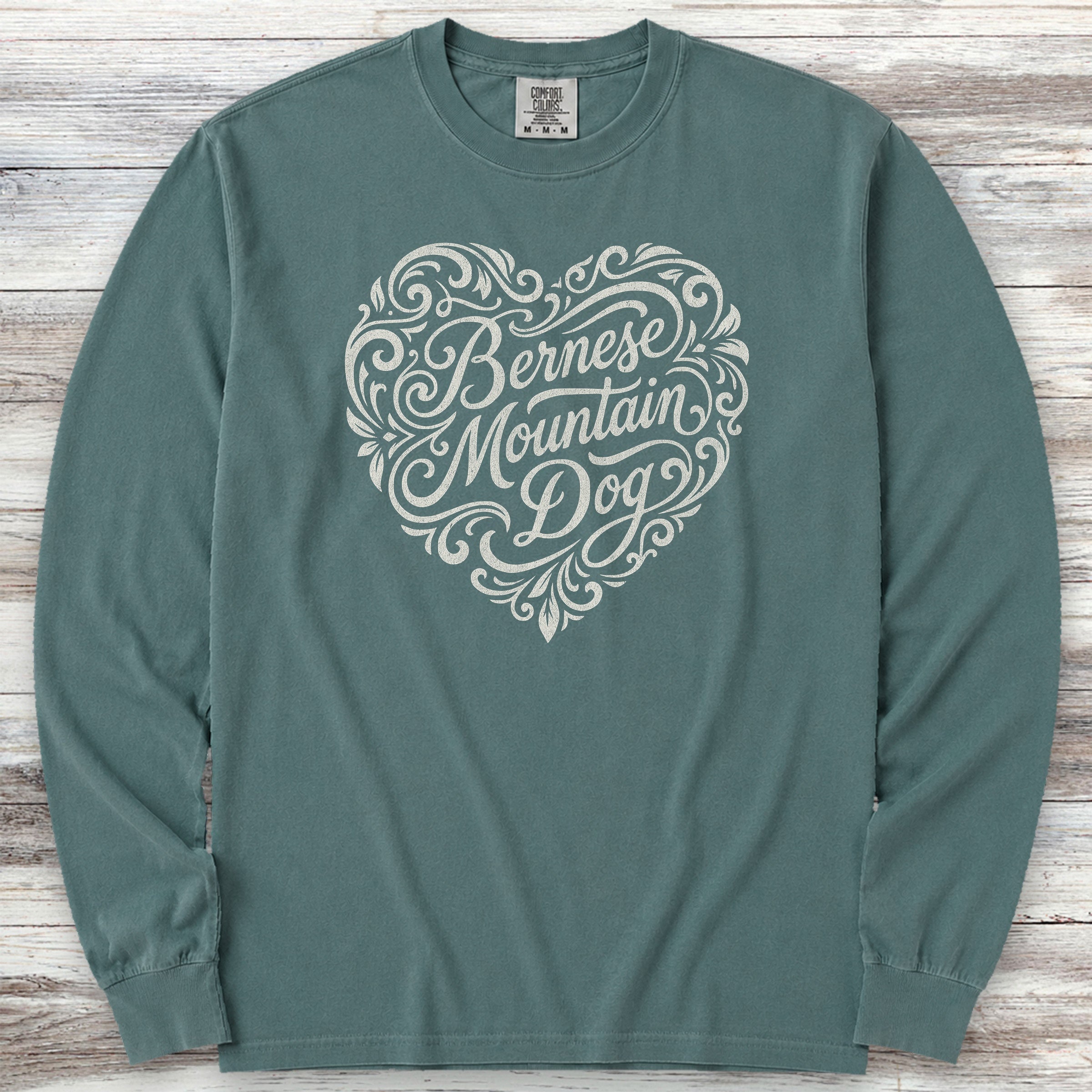 Bernese Mountain Dog Heart Script Long Sleeve Tee - Blue Spruce